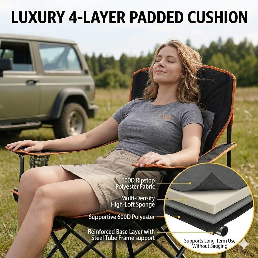 FAIR WIND Oversized Padded Camping Chair 2 Pack 350 LBS Capacity Fully Padded Lawn Quad Chair with Side Pocket & Cup Holder, Heavy Duty Lawn Chair for Outside, Tailgating, Beach, Sports