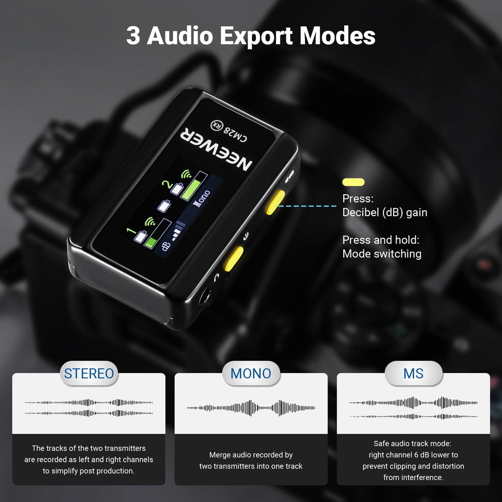 NEEWER CM28 Wireless Lavalier Microphone System, 1 Click Noise Canceling, 4GB Storage for 9Hrs of 48KHz 16 Bit Uncompressed Audio, Lapel Mic Compatible with iPhone/Android/PC/Camera/iPad