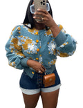 Womens Cropped Floral Print Jacket Warm Fleece Bomber Jacket Casual Button Down Coats Fall Puff Outerwears