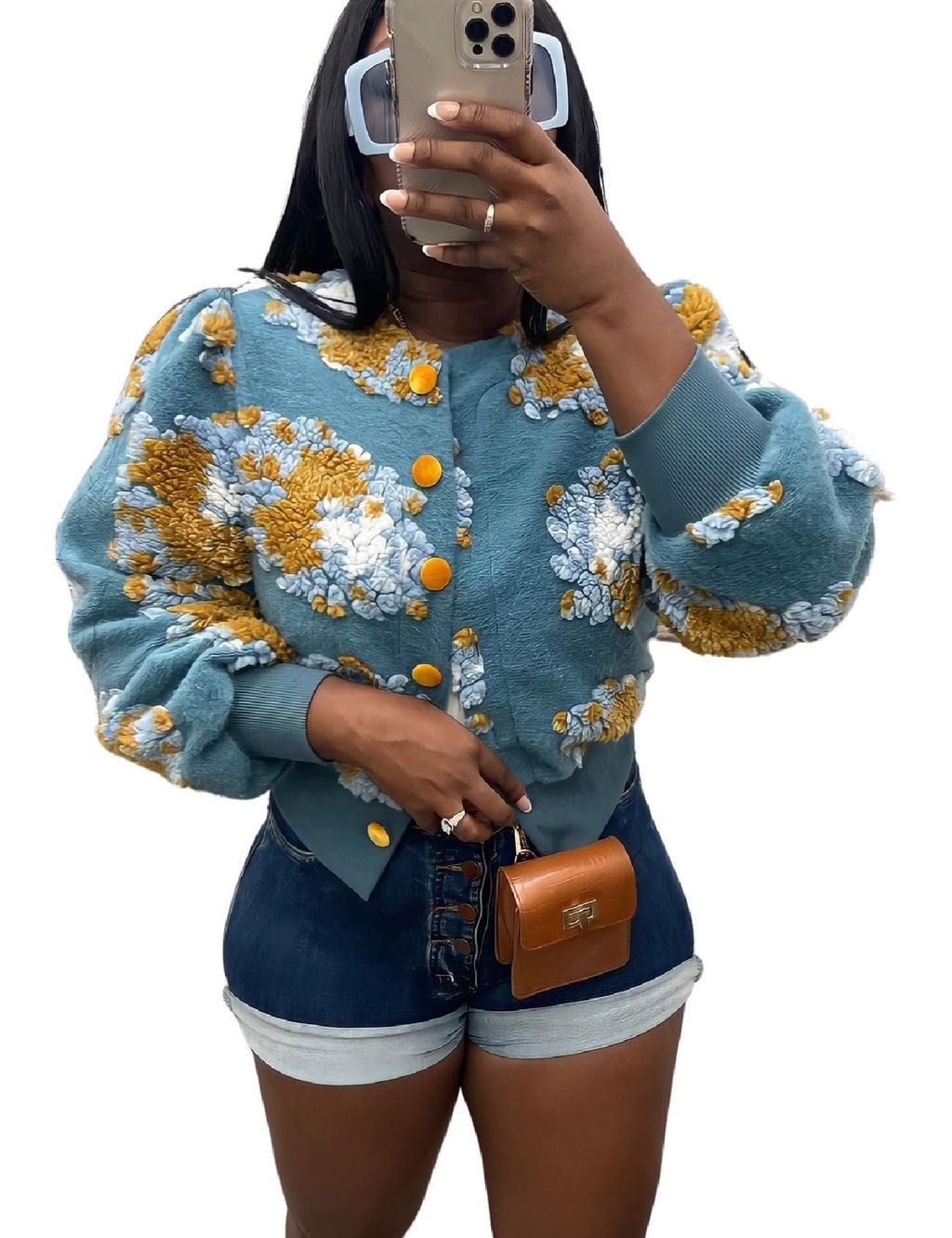 Womens Cropped Floral Print Jacket Warm Fleece Bomber Jacket Casual Button Down Coats Fall Puff Outerwears