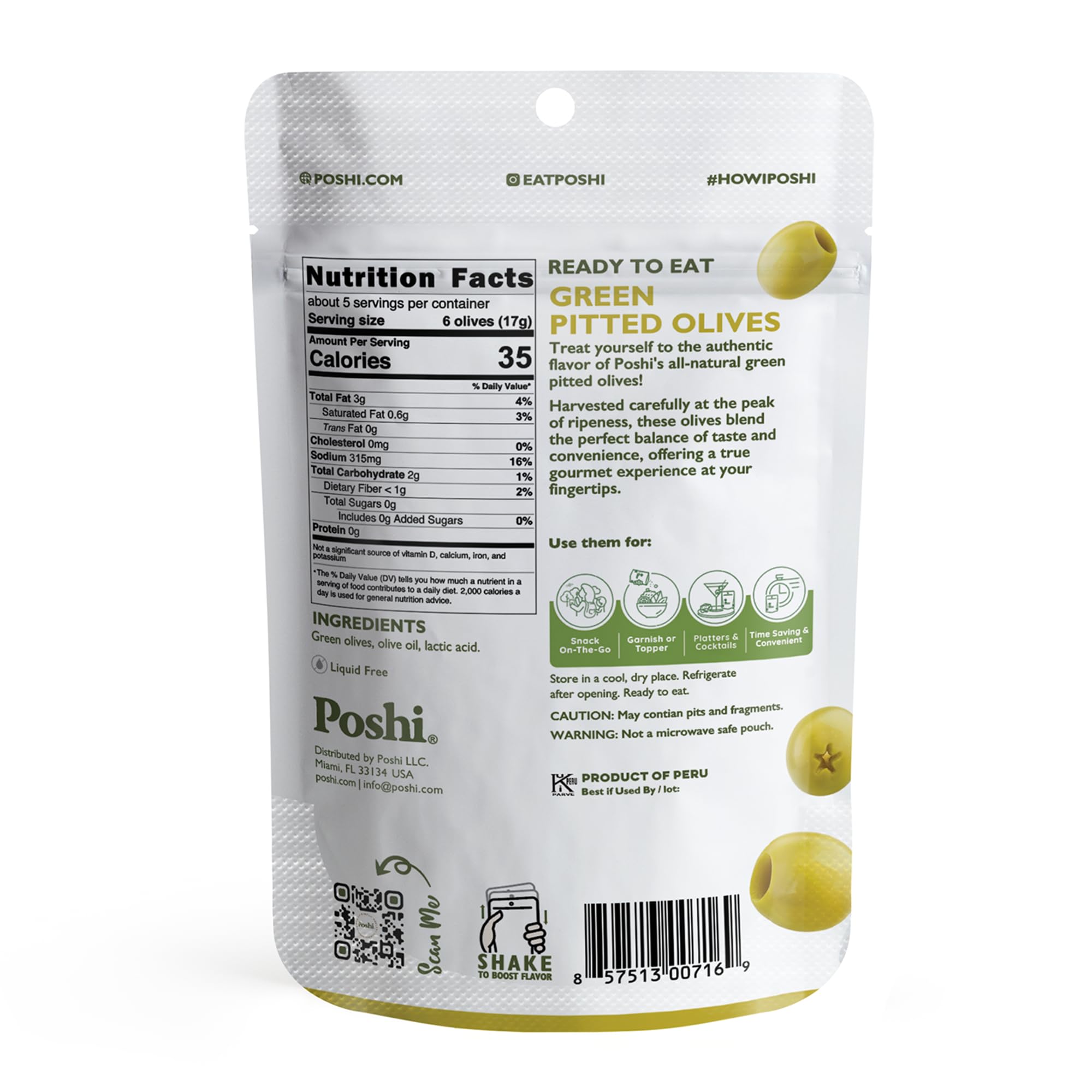 POSHI Green Pitted Olives - Basil & Garlic | Vegan, Kosher, Gluten Free + Keto Friendly, Fresh, Low Calorie Healthy Snacks | (30 Pack, 1.1oz Bags)