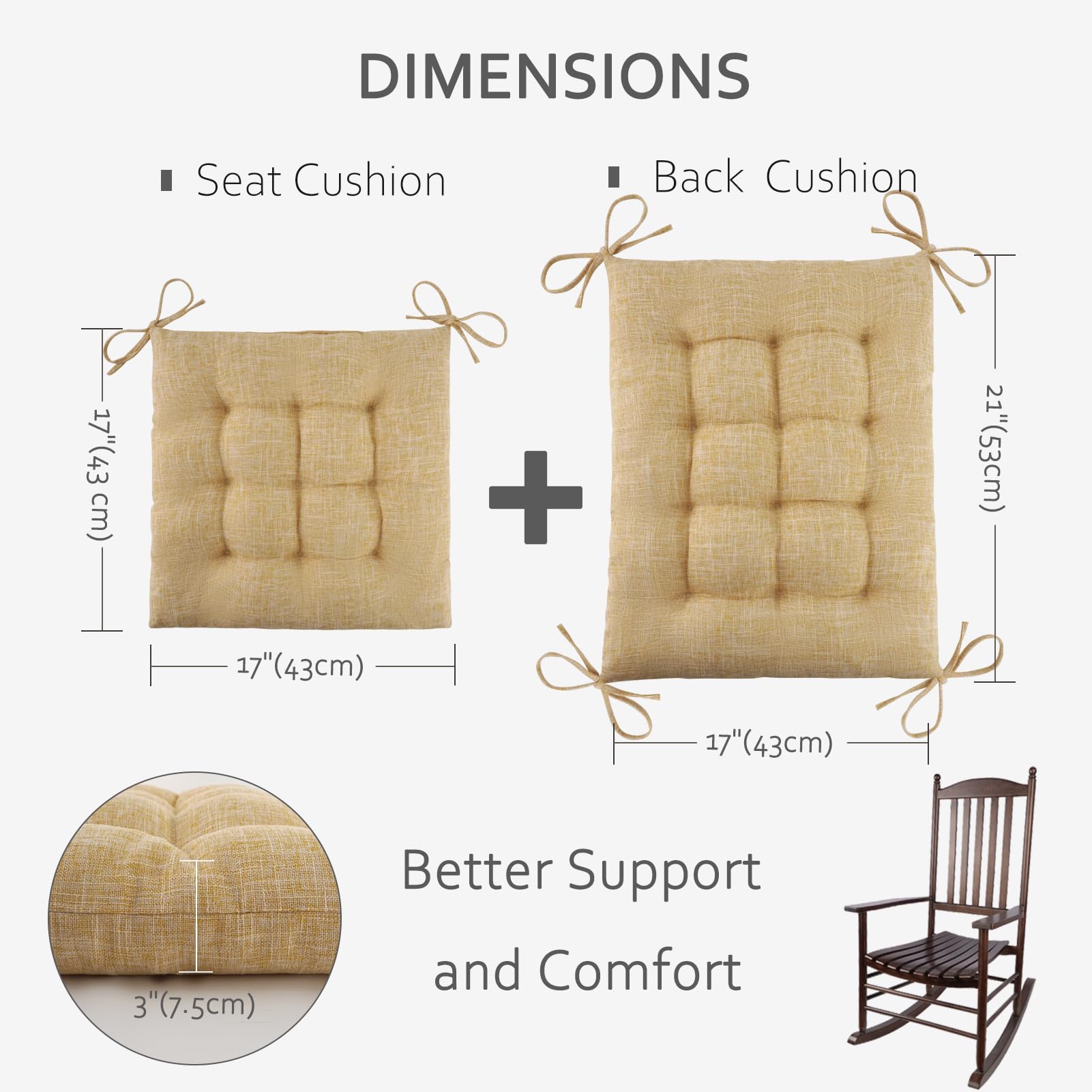 ELFJOY Rocking Chair Cushion Large Rocking Chair Pads with Ties Premium Tufted High Back and Seat Cushion 2 Piece Set Black