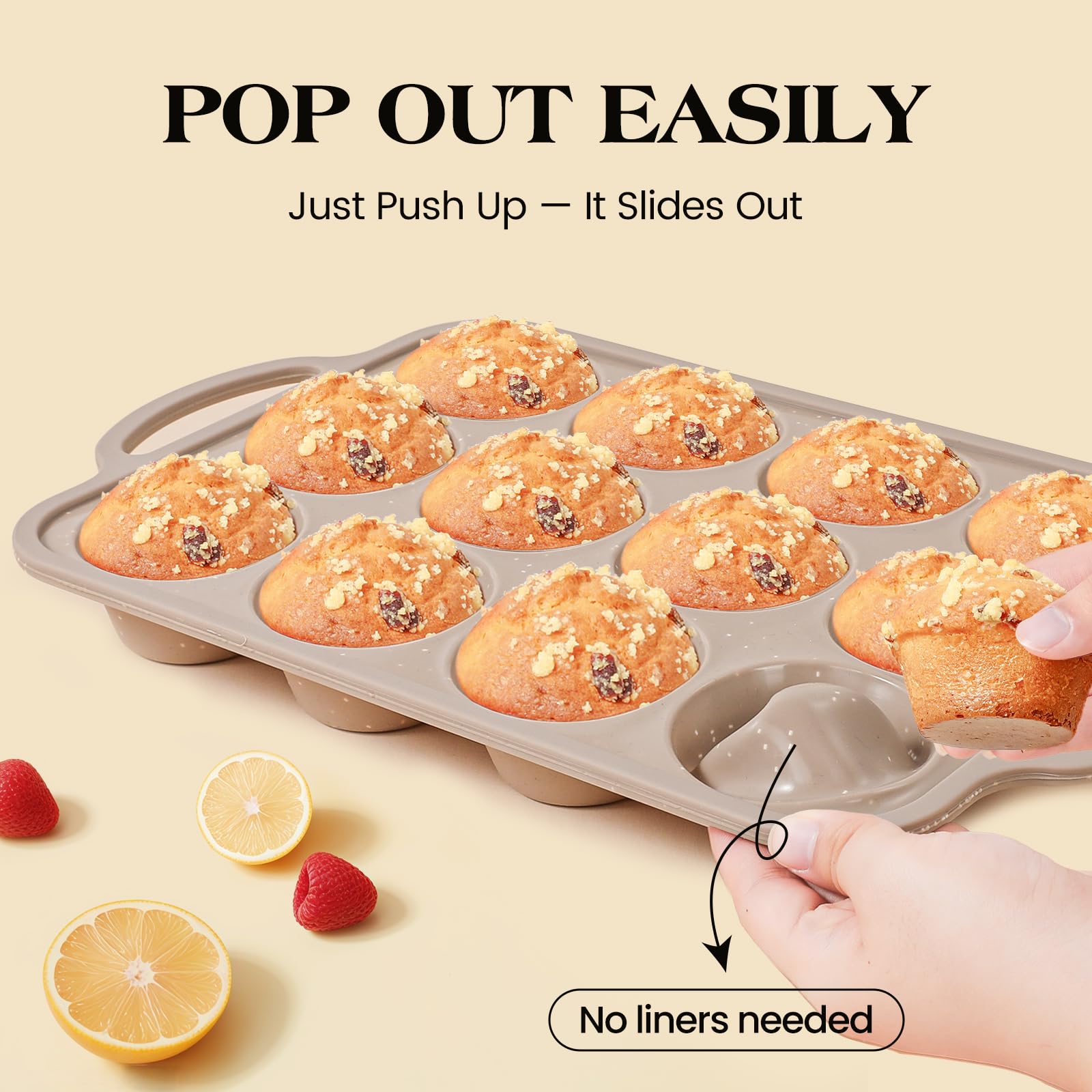 Vinino Silicone Muffin Pans for Baking with Metal Reinforced Frame, 12 Cups Regular Size Nonstick Brown Silicone Cupcake Pan, BPA Free Oven Dishwasher Safe Baking Mold for Muffins Cupcakes