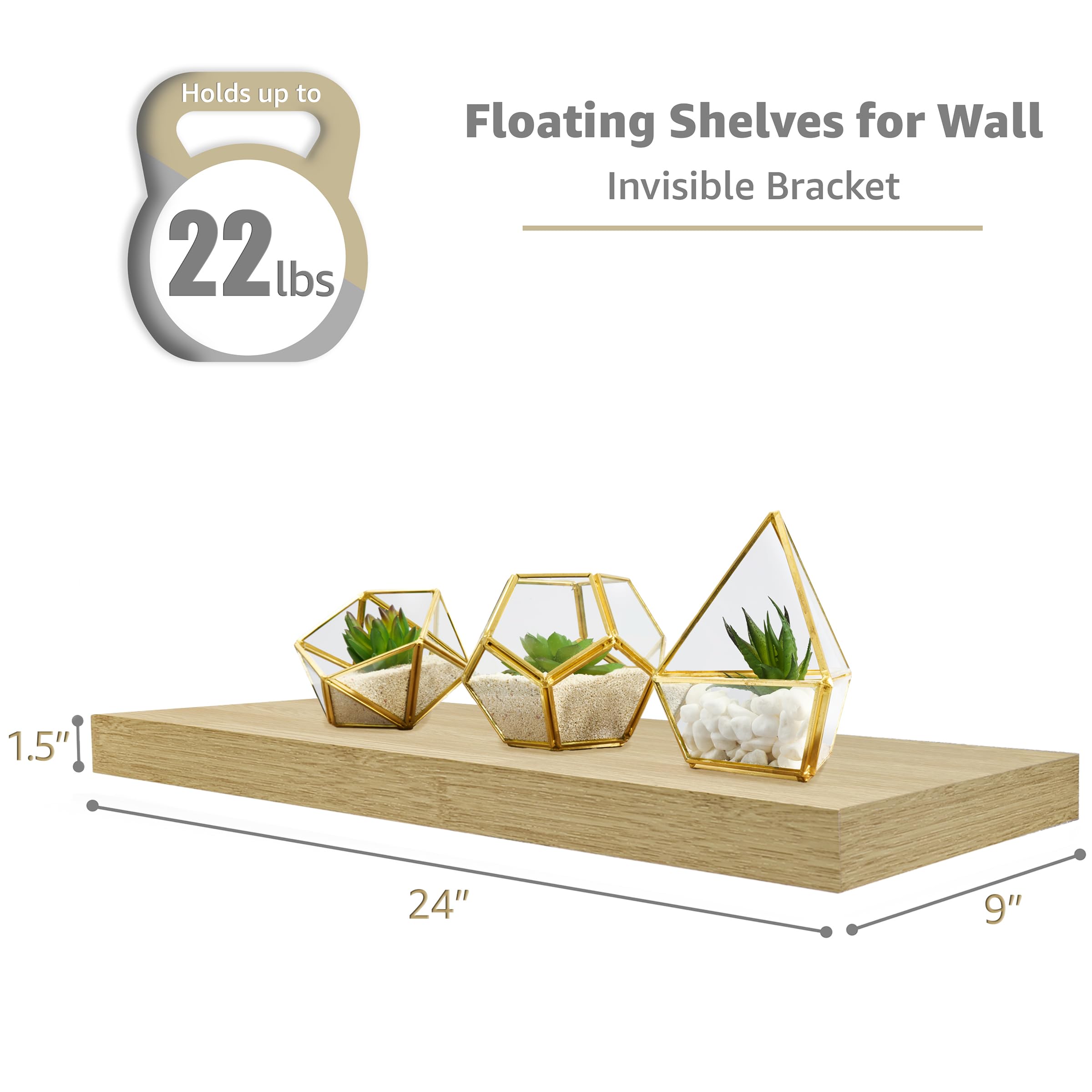Sorbus Floating Shelves for Wall - 24" Bathroom Shelves, Wall Decor for Bedroom, Kitchen, Living Room, Home Decor & Book Storage - Mounted Floating Shelf with Invisible Brackets (Black, 2 Pack)
