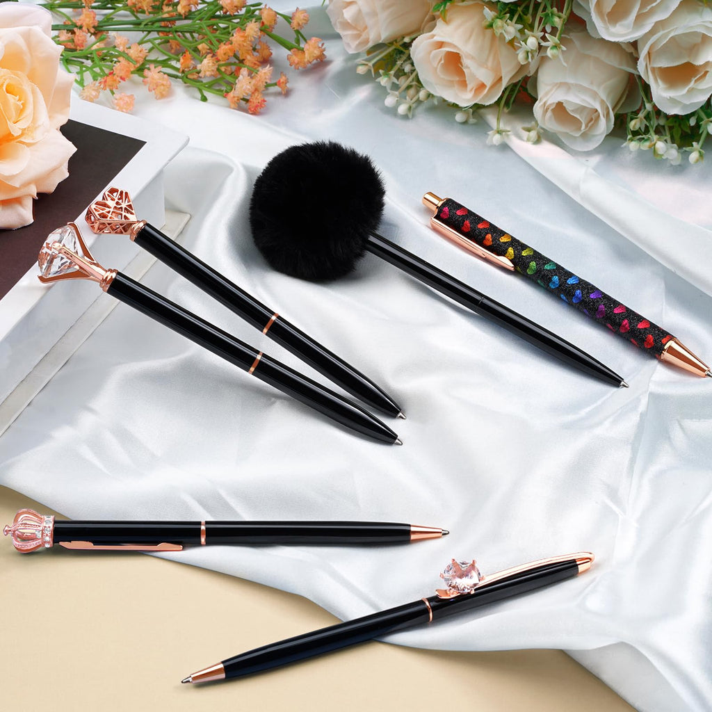 WEMATE 8Pcs Ballpoint Pens Set Metal Crystal Diamond Pen Glitter for Journaling Black Pen Bling in Black & Blue Ink Pretty Cute Pens Fancy Pens Gifts for Women Wedding School Office Desk(Black)