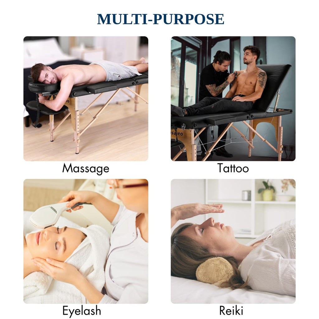 Portable Massage Table Massage Bed Professional SPA Reiki Eyelash Salon Bed, Wooden Frame Height Adjustment Accessories, Black (3-Section)