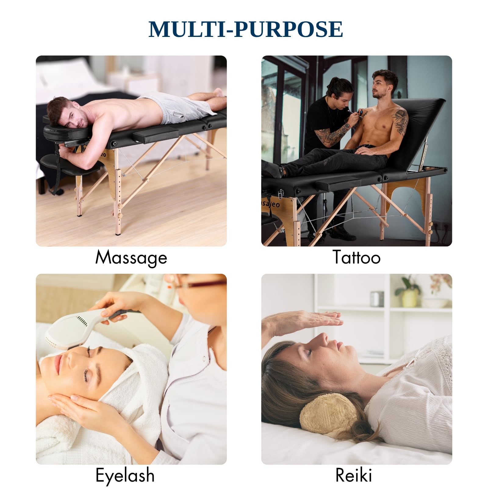 Portable Massage Table Massage Bed Professional SPA Reiki Eyelash Salon Bed, Wooden Frame Height Adjustment Accessories, Black (3-Section)