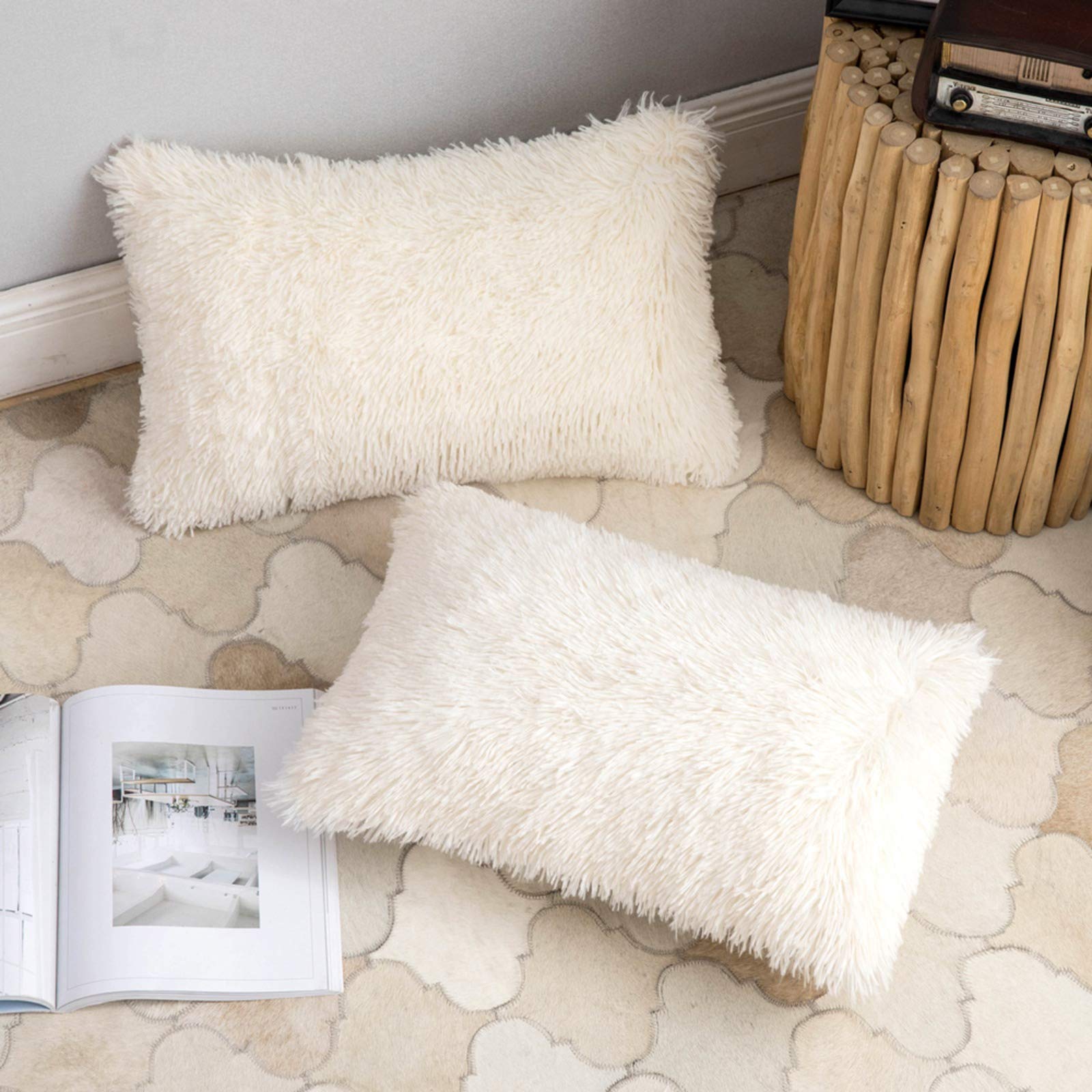 ANRODUO Pack of 2 Baby Pink Throw Pillow Covers Luxury Fluffy Pillows Faux Fur Decorative Pillows Plush Cushion Case Fuzzy Mongolian Merin Style for Bed Couch Sofa Living Room Summer Decor 16x16 Inch