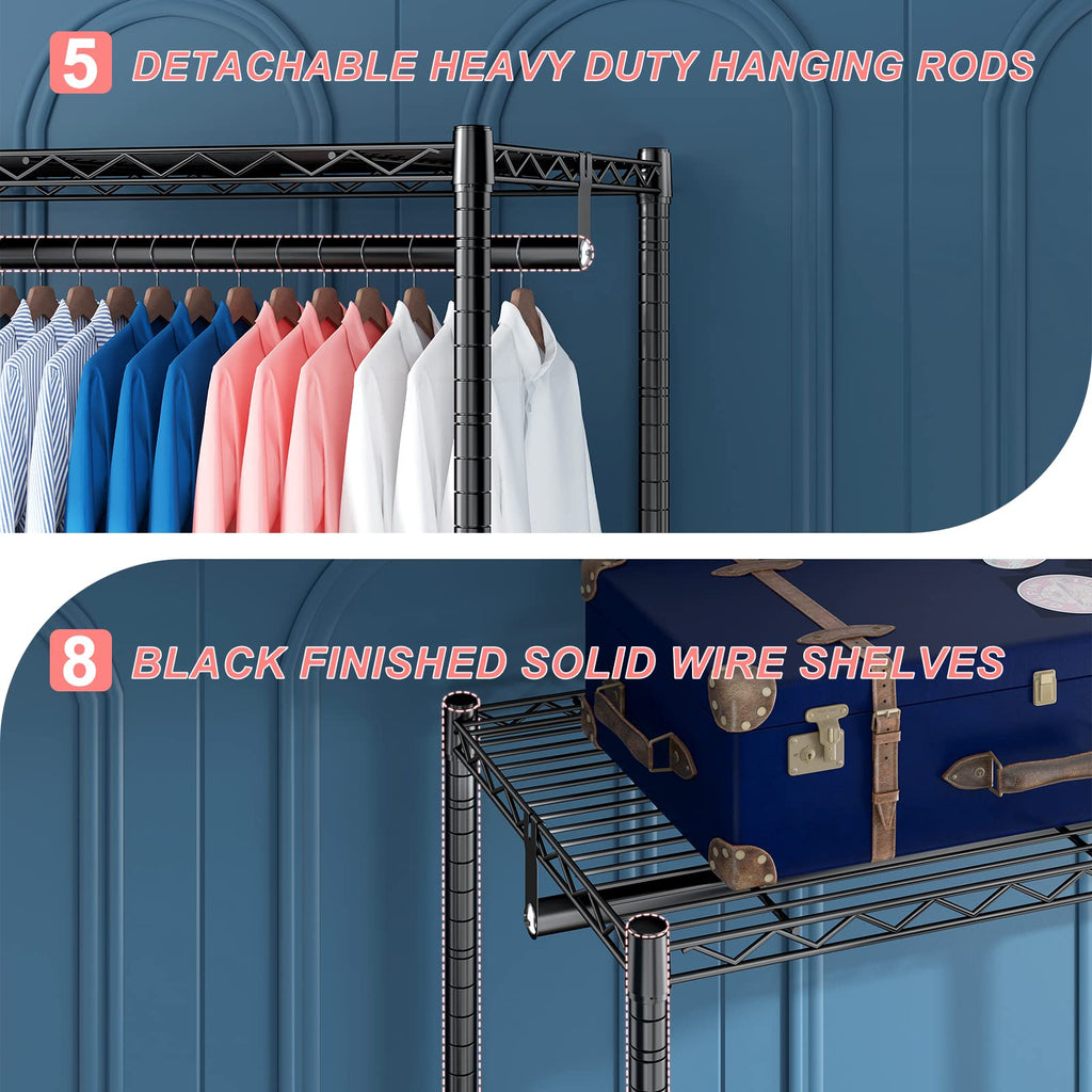 Raybee Clothes Rack,Clothing Racks for Hanging Clothes 900LBS Capacity Heavy Duty Portable Closet with 5 Hanger Rods & 8 Shelves for Walk-in Closet,Apartment