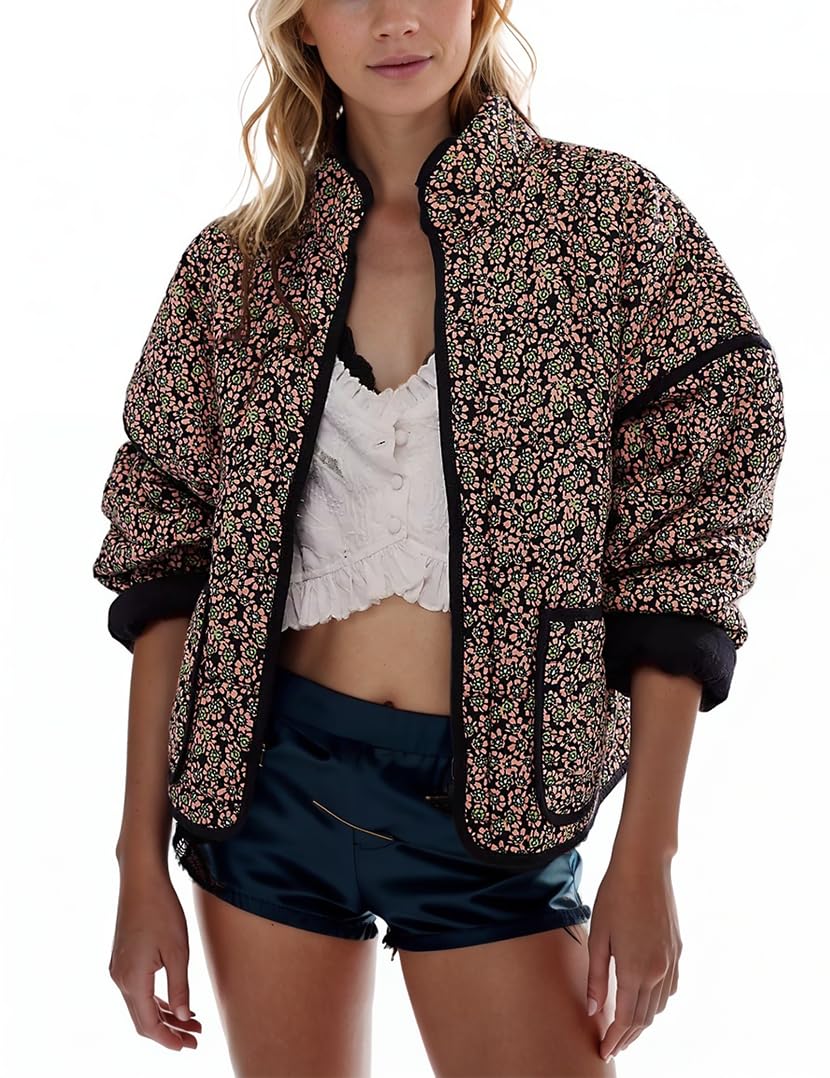 Omoone Women's Cropped Quilted Jacket Floral Printed LightWeight Padded Puffer Cardigan Coat Outwear