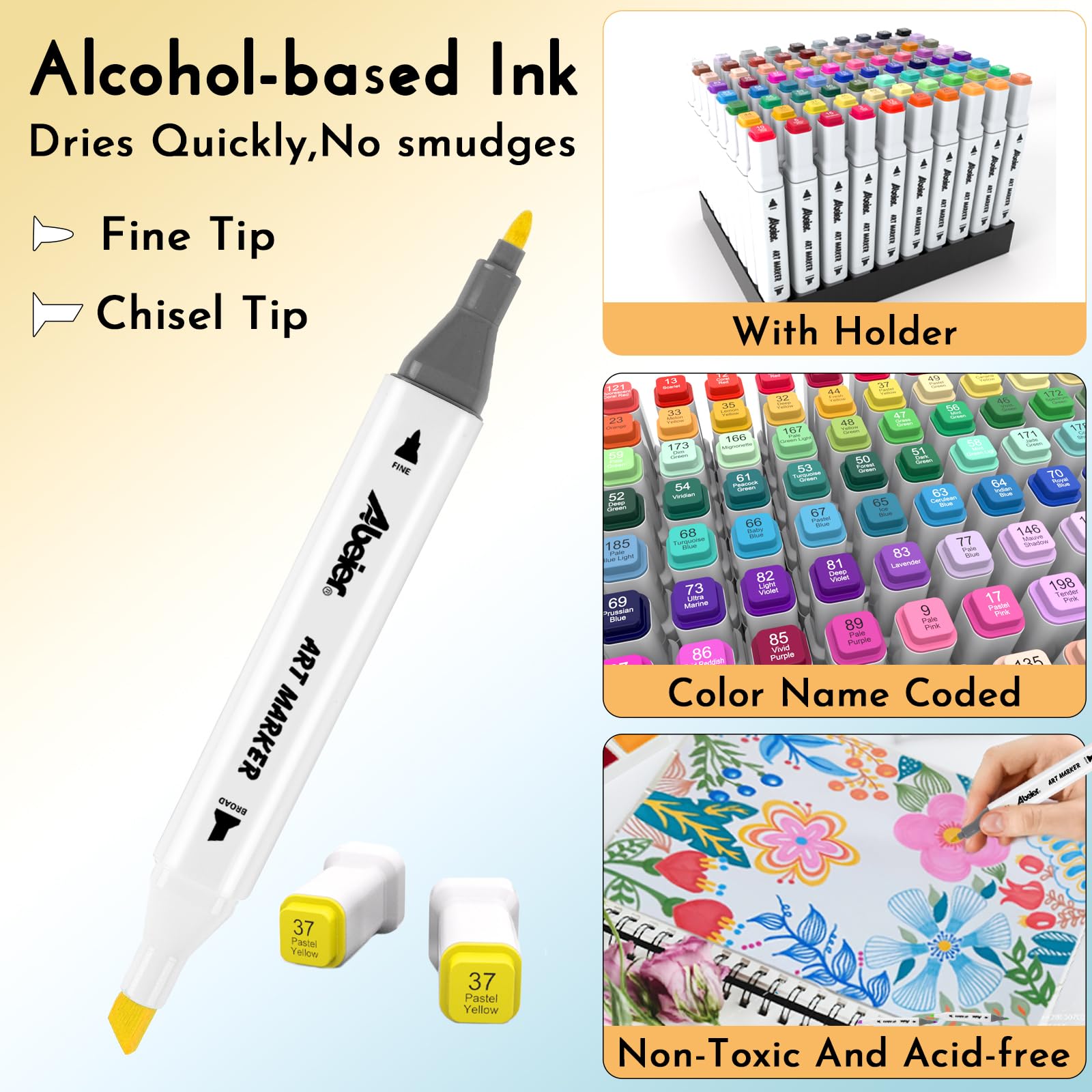 ABEIER Alcohol Markers, 100 Colors Dual Tip - Chisel& Fine, Coloring Markers Perfect for Adults, Ideal For Book Drawing Sketching Painting, Card Making