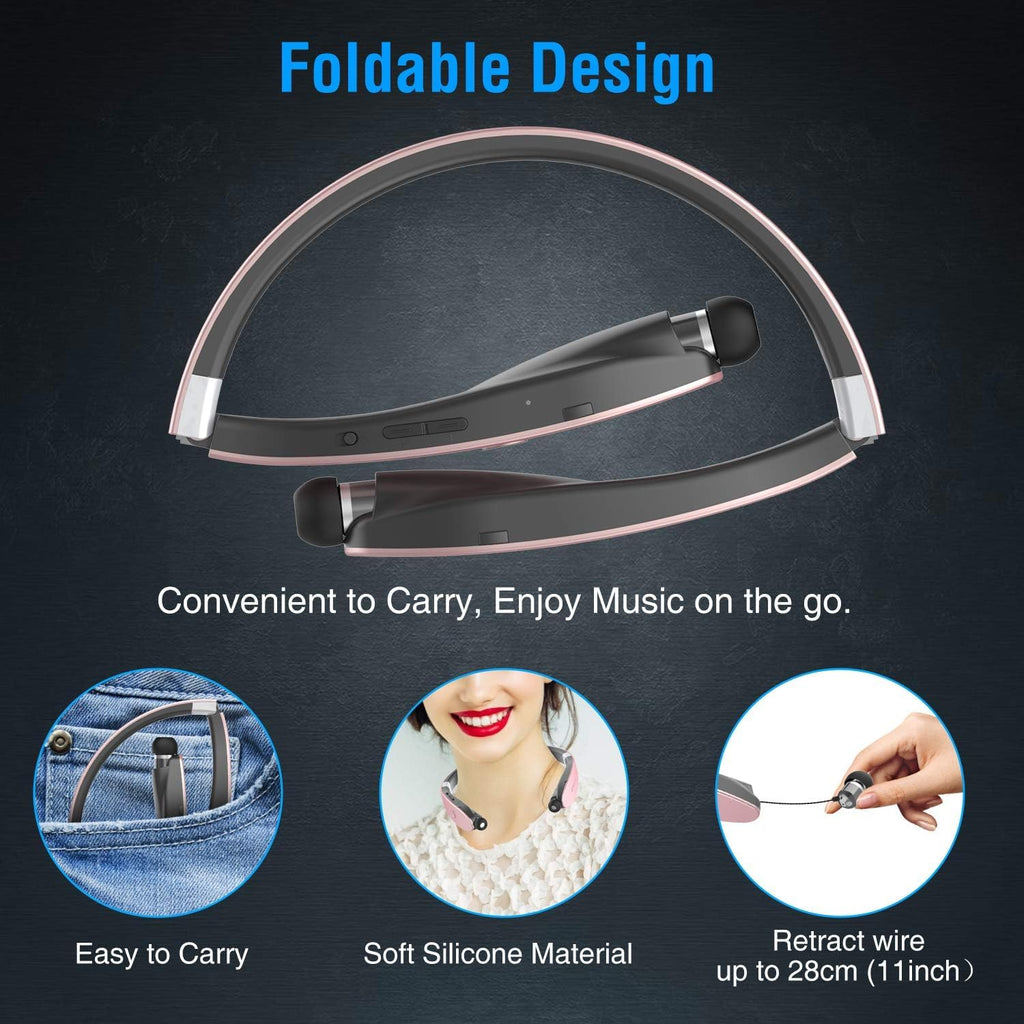 AMORNO Foldable Bluetooth Headphones Wireless Neckband Headset with Retractable Earbuds, Sports Sweatproof Noise Cancelling Stereo Earphones with Mic