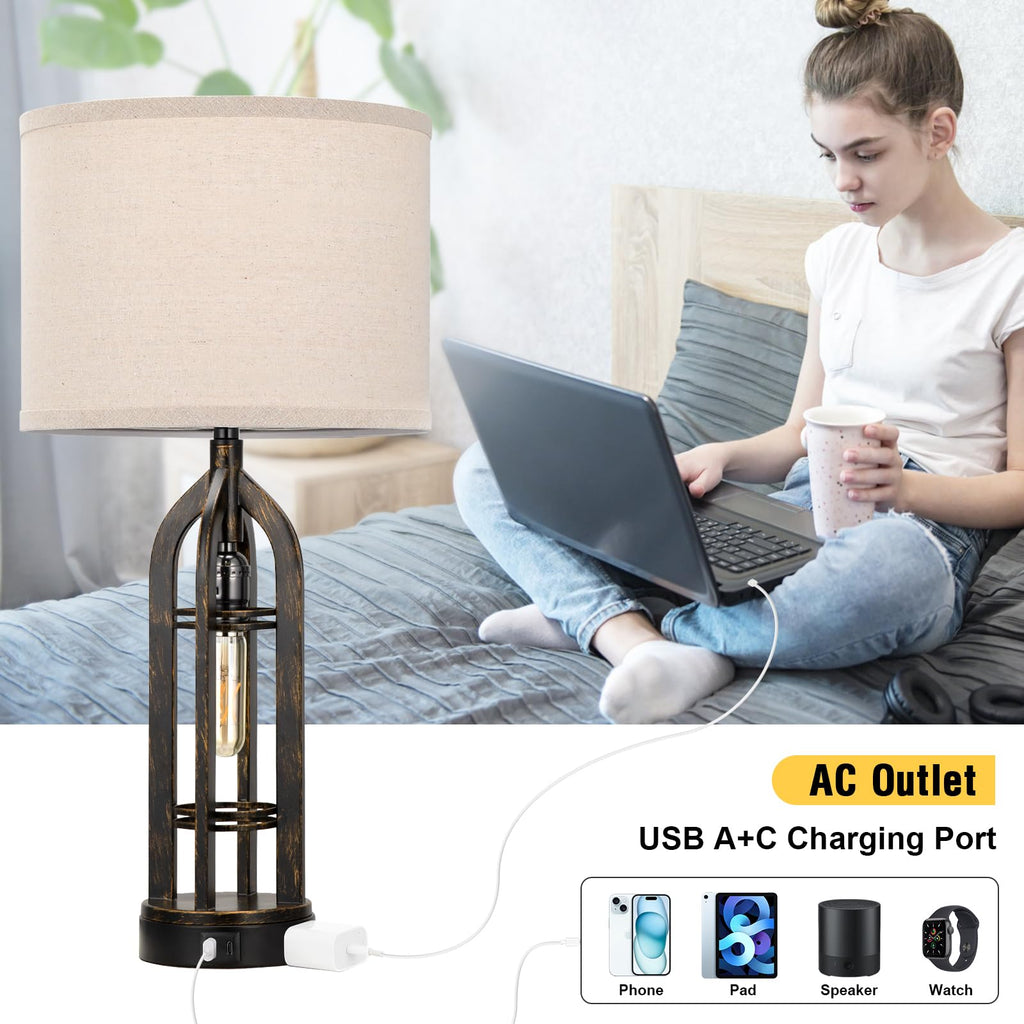 Seealle Table Lamp for Living Room Set of 2 - Wood-Like Bedside Lamp for Bedroom with USB C+A & Outlet, Farmhouse Lamps for Night Stands, 3-Way Dimmable Touch Lamps for Living Room