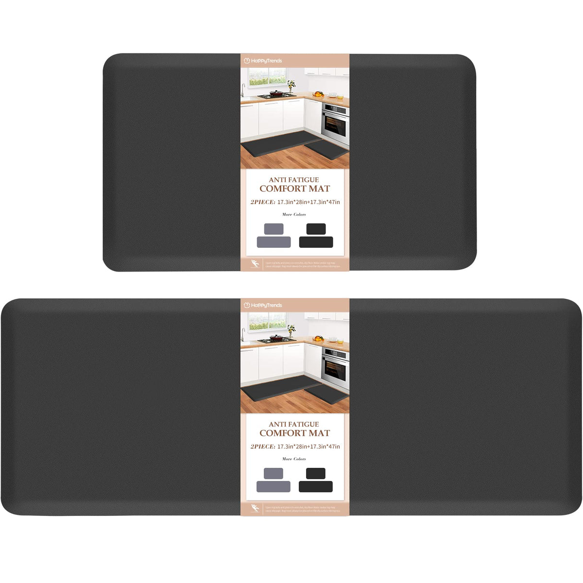 HappyTrends 2 PCS Kitchen Mat Cushioned Anti-Fatigue Floor Mat, Heavy Duty Ergonomic Comfort Foam Standing Mat, Waterproof Non-Slip Kitchen Rugs for Home, Office, Laundry,Black