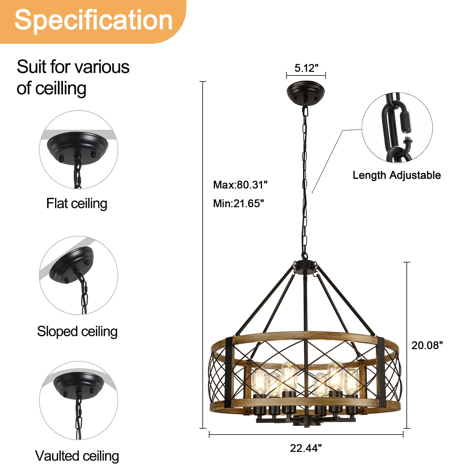 Modern Chandelier for Dining Room, 6-Light Wood Grain Finish Farmhouse Chandelier, 22.5” Rustic Drum Hanging Light Kitchen Island, Round Metal Hanging Light Fixture for Foyer, Entryway, Bedroom