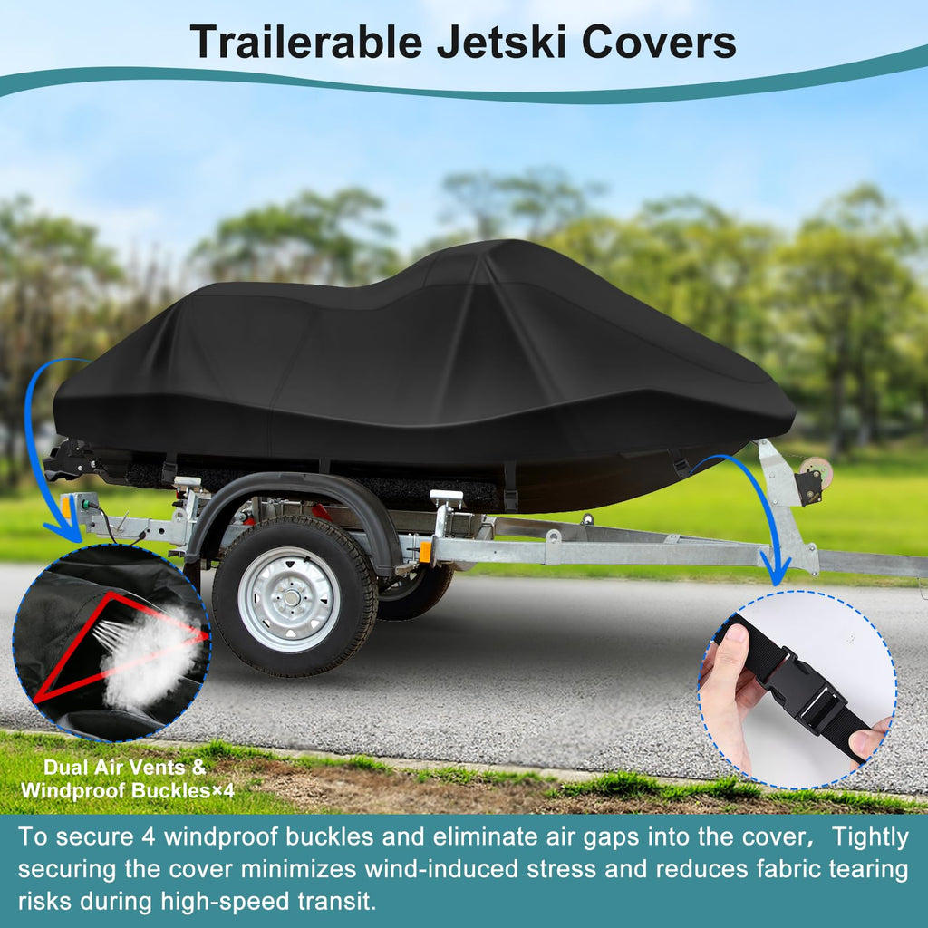 Jet Ski Cover,Heavy Duty 900D Oxford Jetski Cover 2 3 Seater with 2 Air Vents，4 Windproof Buckles，Easy On，Jetski Cover Waterproof for Seadoo Spark,Yamaha,All Weather Protection(Black, XL:115"-120")