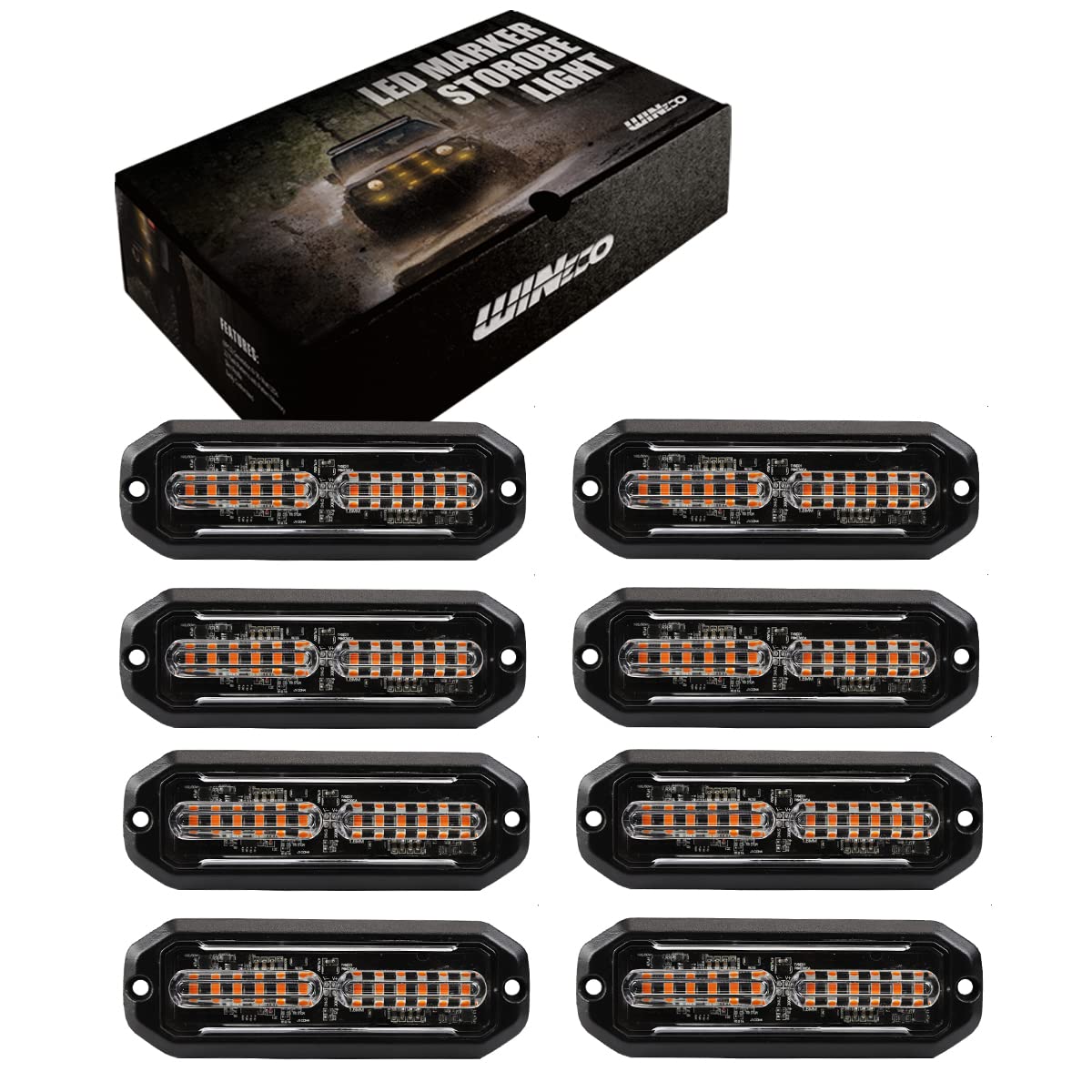 WINECO Amber led strobe lights for trucks 8pcs 12-LED Surface Mount Flashing Strobe Lights kit for Trucks Car Vehicles LED Mini Grille Grill Strobe Light Head Emergency Hazard Warning lights