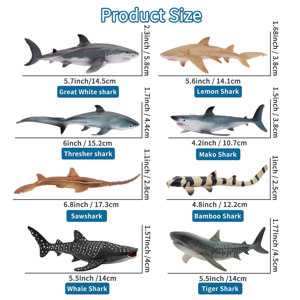Toymany 10PCS 5-6" L Realistic Shark Bath Toy Figurines, Plastic Ocean Sea Animals Figures Set Includes Great White Shark Cake Toppers Christmas Birthday Gift for Kids Toddlers