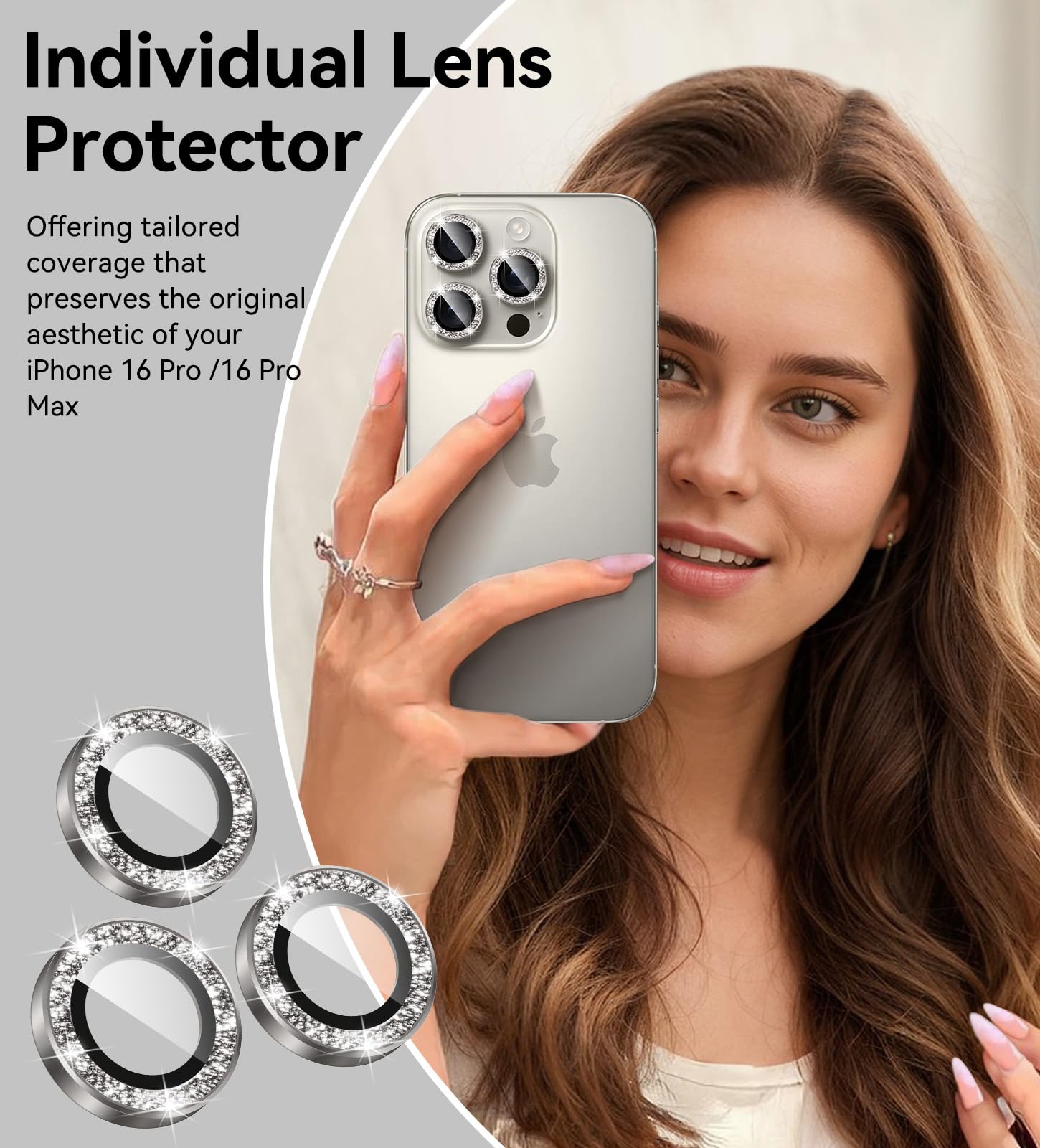 Matekxy Glitter Camera-Lens Protector for iPhone-16 Pro-Max - 16 Pro Anti-Scratch Tempered Glass with Aluminum Edging, Cute Girly Metal Individual Bling Ring Cover for Women, Black Titanium