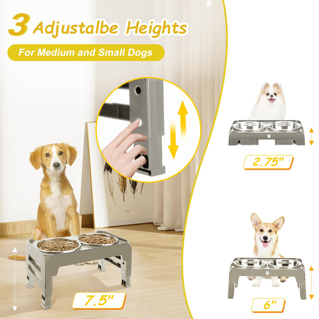Elevated Dog Bowls 3 Height Adjustable Raised Bowl Stand with 25oz Stainless Steel Dog Food Bowls Anti-Slip for Small Dogs Adjusts to 7.5", 6", 2.75", Black