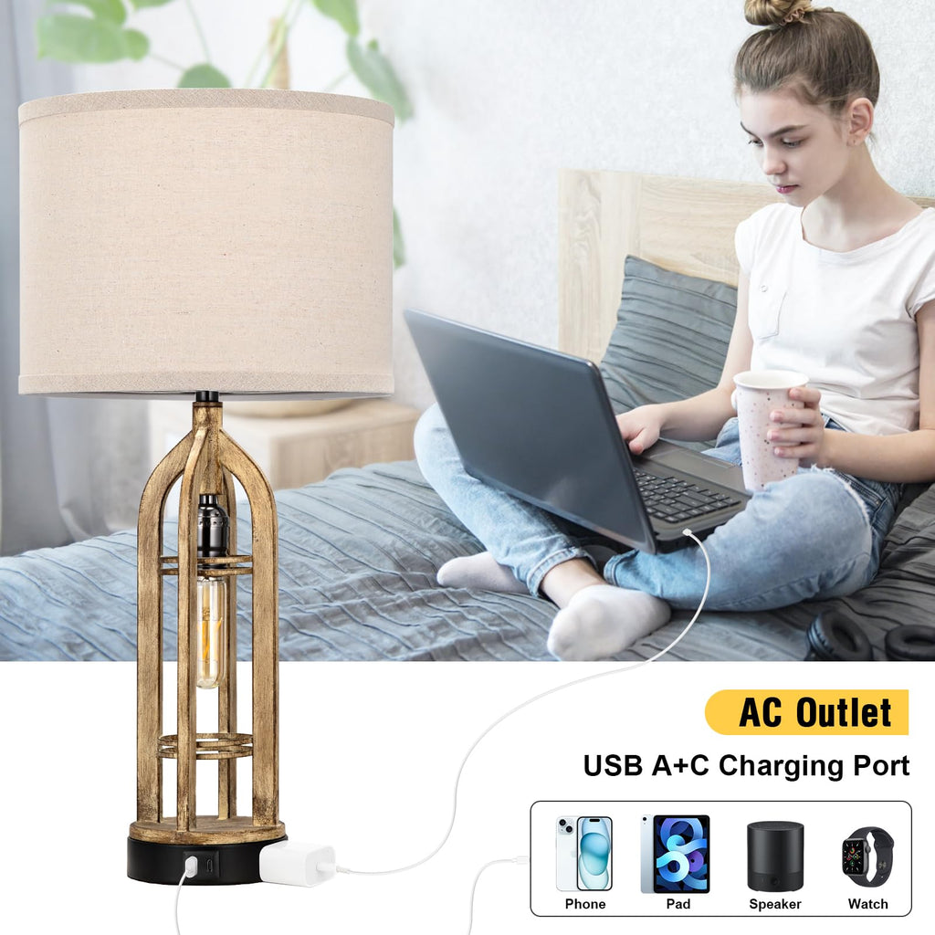 Seealle Table Lamp for Living Room Set of 2 - Wood-Like Bedside Lamp for Bedroom with USB C+A & Outlet, Farmhouse Lamps for Night Stands, 3-Way Dimmable Touch Lamps for Living Room