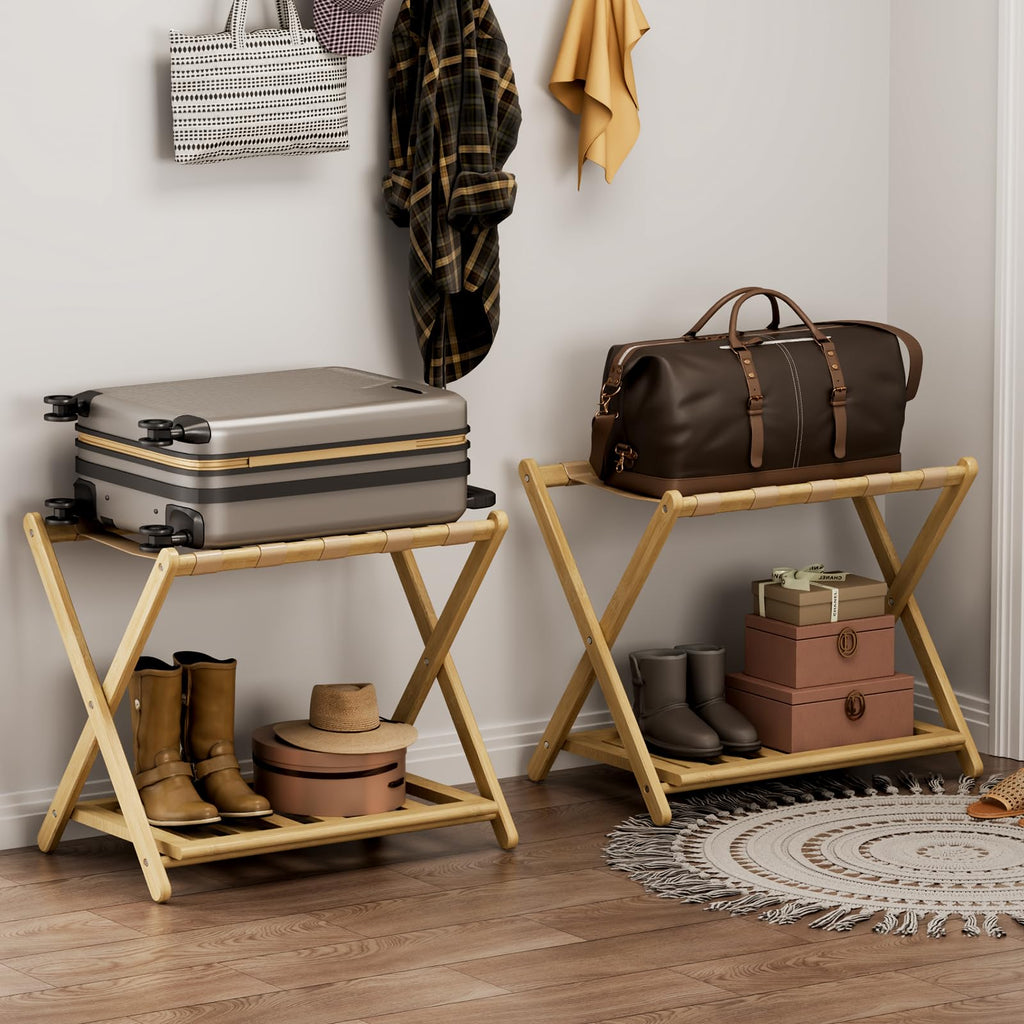 oakvivo Fully Assembled Black Luggage Rack for Guest Room, Bamboo Foldable Suitcase Stand with 5 Nylon Straps, Upgraded Luggage Rack Holder with Shelf for Bedroom Hotel, Holds up to 165 Lbs, 1pcs