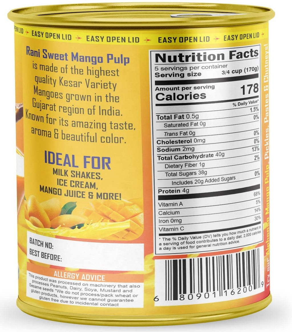 Rani Mango Pulp Puree (Makes Mango Lassi Shakes) Alphonso Sweetened 30oz (1.875lbs) 850g ~ Kosher | All Natural | NON-GMO | Vegan | No colors | Gluten Friendly | Indian Origin