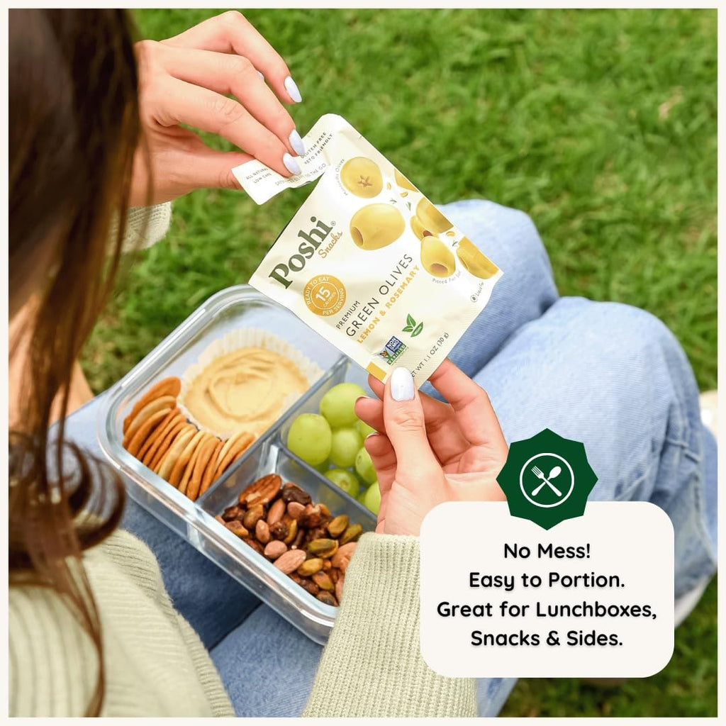 POSHI Green Pitted Olives - Basil & Garlic | Vegan, Kosher, Gluten Free + Keto Friendly, Fresh, Low Calorie Healthy Snacks | (30 Pack, 1.1oz Bags)