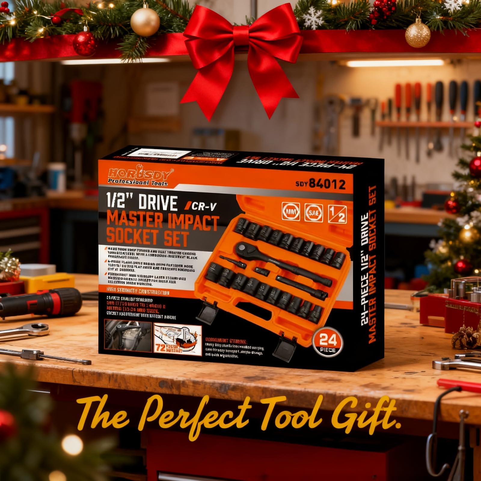 HORUSDY 1/2" Drive Shallow Impact Socket Set, 24-Piece SAE (7/16"-1") and Metric (13-24mm), 6 Point, Cr-V, Includes 1/2-Inch Drive Ratchet Handle, Drive Extension Bar