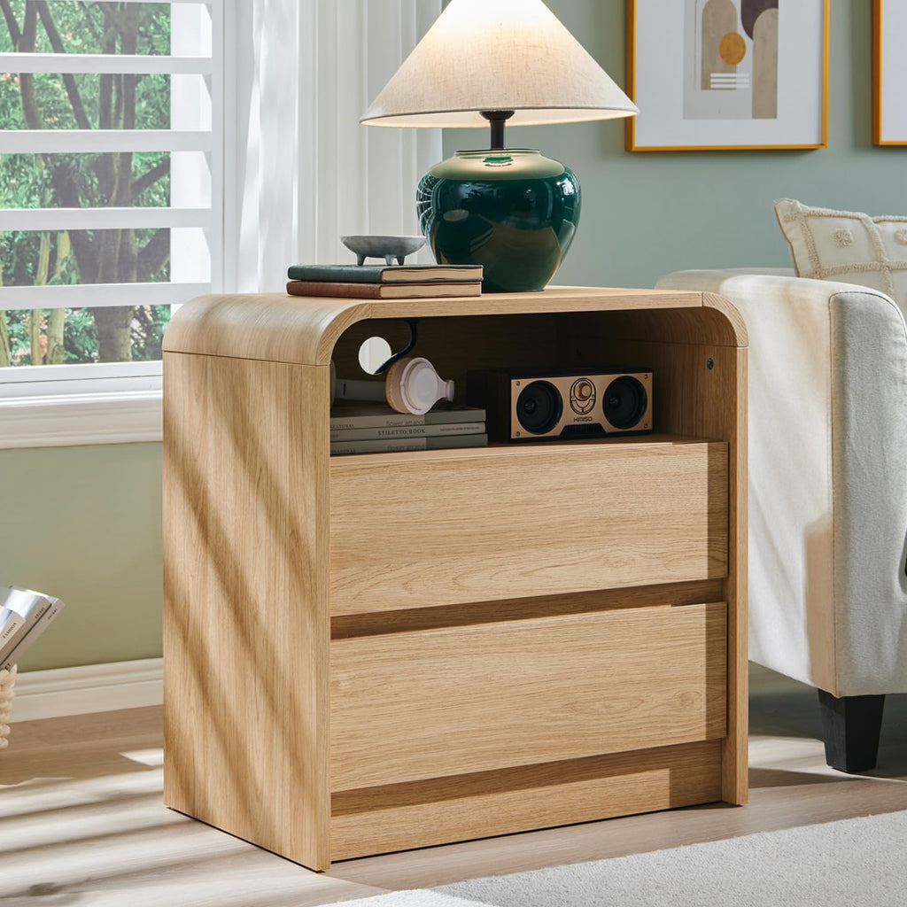 Aitjunz 25" Tall Modern Nightstand with Charging Station, 23.6'' Wide Wood Bedside Table w/2 Storage Drawers, Large Mid Century End Table for Bedroom, Living Room, Curved Profile Design, Black