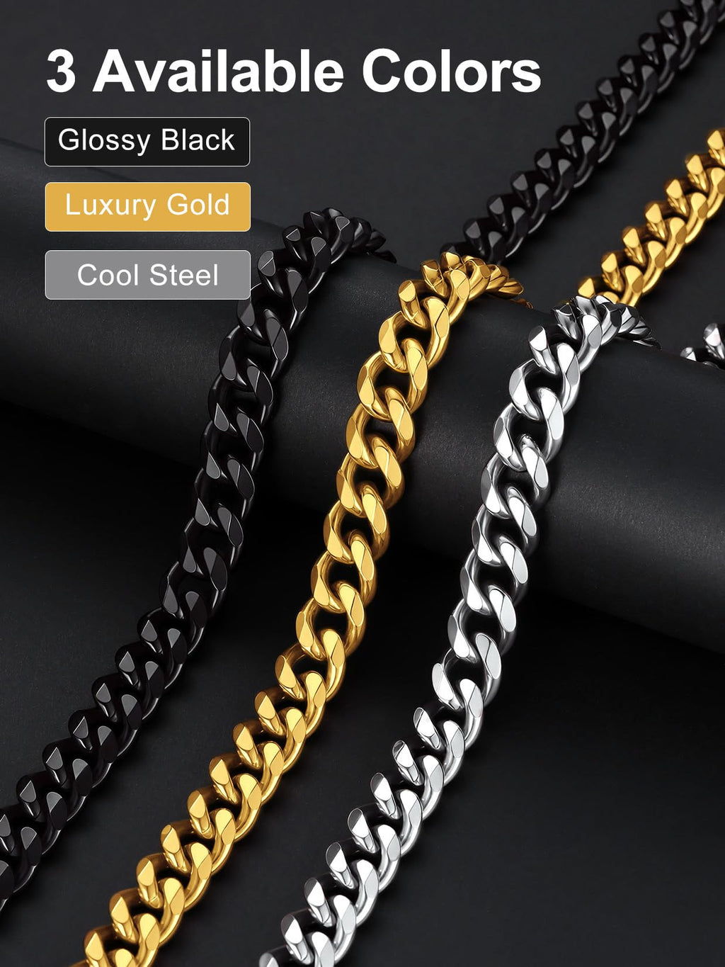 Suplight Cuban Link Chain for Men Women, 18K Gold Plated/Stainless Steel Black Miami Curb Cuban Chain Necklace, 3/6/9/12 mm 14-30 Inch Hip Hop Mens Jewelry, Send Gift Box