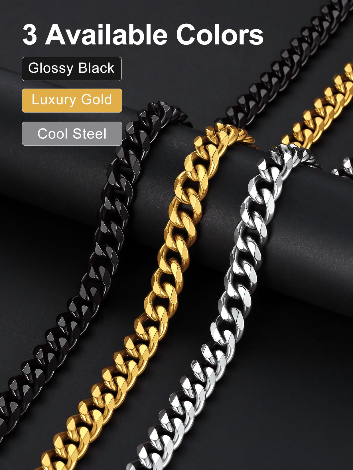 Suplight Cuban Link Chain for Men Women, 18K Gold Plated/Stainless Steel Black Miami Curb Cuban Chain Necklace, 3/6/9/12 mm 14-30 Inch Hip Hop Mens Jewelry, Send Gift Box