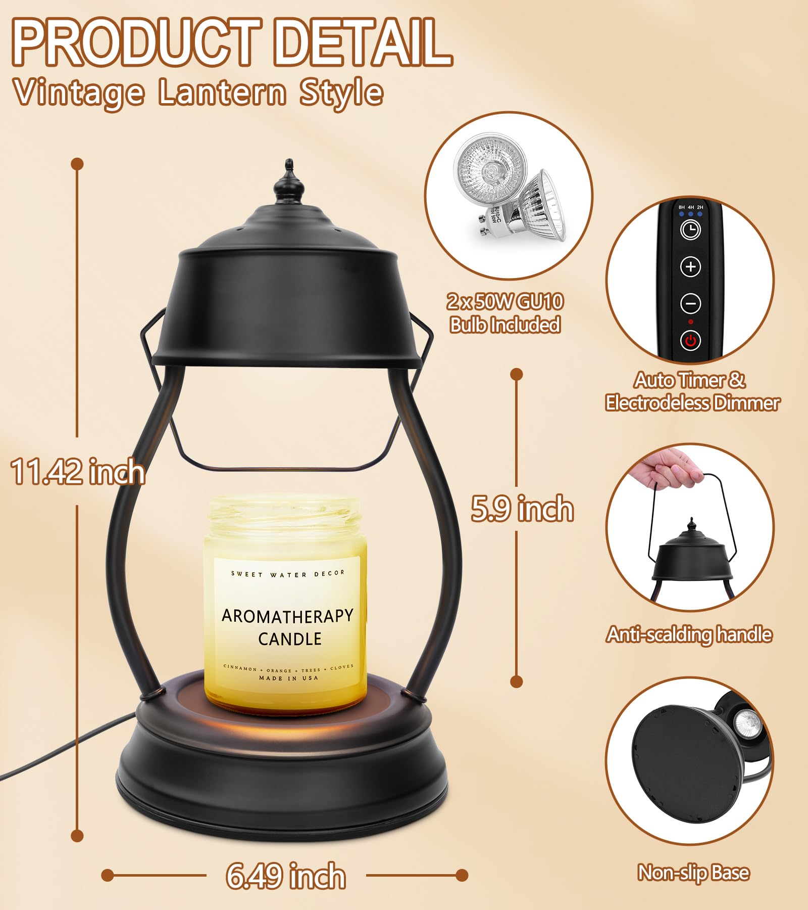 Candle Warmer Lamp, Dimmable Candle Warmer Lantern with Timer, Mothers Day Gifts for Women Mom, Office Home Decor, House Warming Gifts, Black Large Lantern Candle Lamp for New Home Bedroom Decor