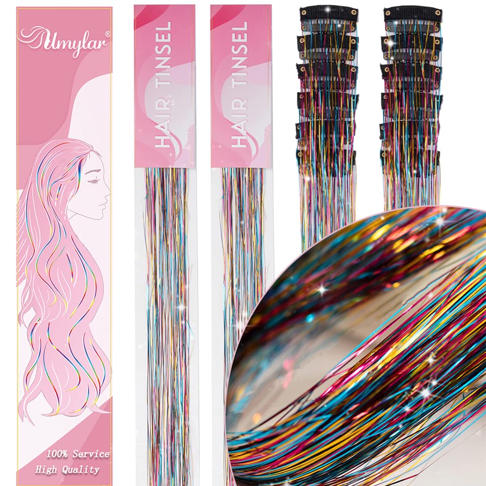Clip in Hair Tinsel, Pack of 12 Pcs 20 Inch,Glitter Tinsel Hair Extensions, Festival Tinsel Fairy Hair Extension Party Dazzle Hair Accessories Strands Kit for Women Girls(12Pcs,Black#)