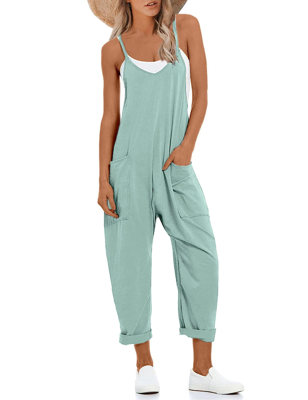 Lentta Women's Causal Jumpsuits V Neck Sleeveless Harem Overalls Stretchy Adjustable Strap Romper with Pockets