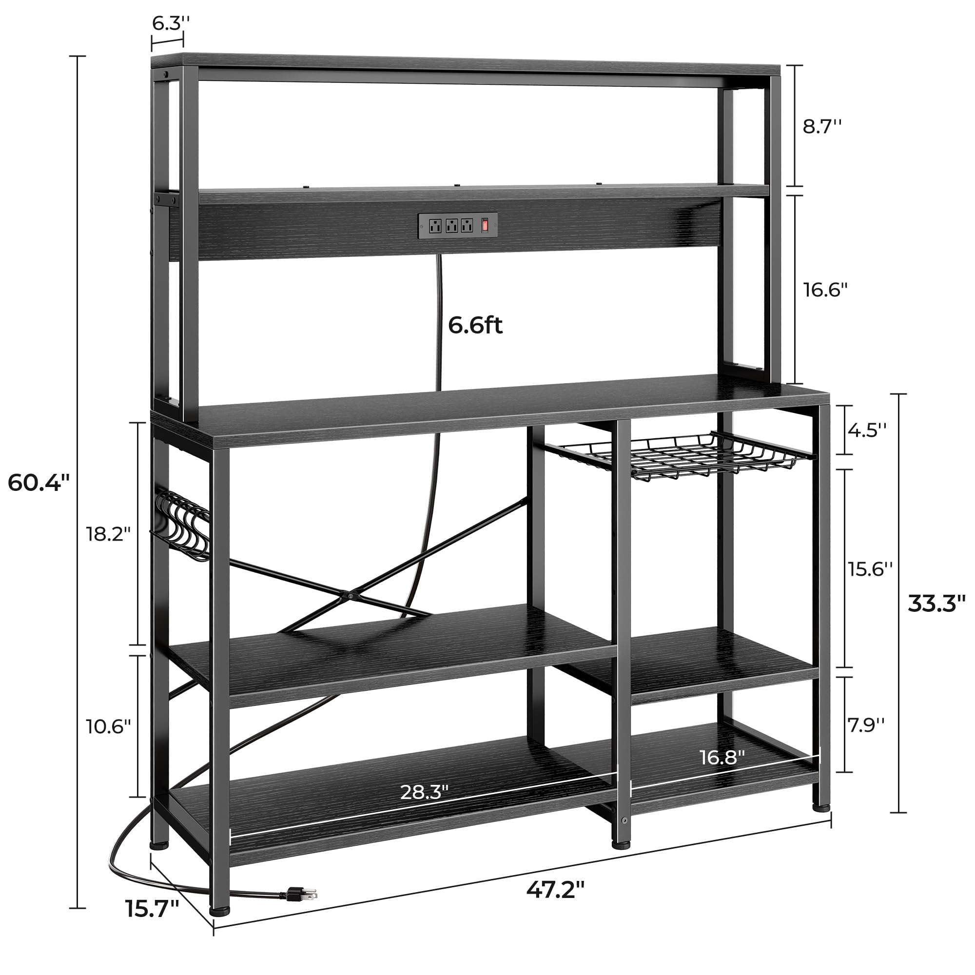 SUPERJARE Bakers Rack with Power Outlet, 35.4 Inches Coffee Bar with Wire Basket, Kitchen Microwave Stand with 6 S-Shaped Hooks, Open Storage Shelves, Black
