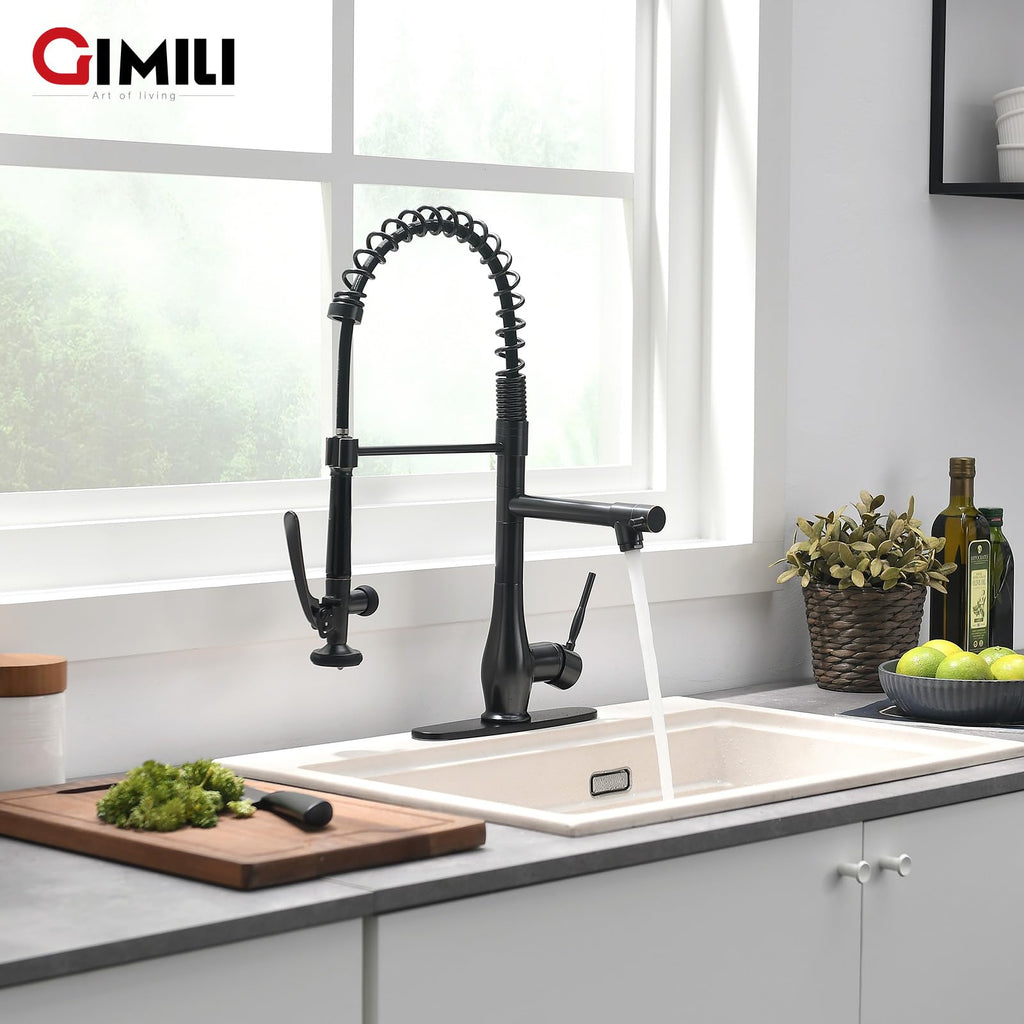 GIMILI Black and Gold Kitchen Faucet with Pull Down Sprayer Single Handle High Pressure Kitchen Sink Faucet Commercial Double-Headed Stainless Steel Kitchen Faucets