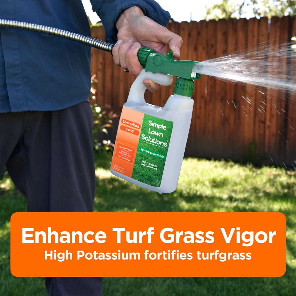 Simple Lawn Solutions - High Potassium Lawn Food Liquid Fertilizer 0-0-25 - Concentrated Spray - Turf Grass Vigor and Plant Hardiness - Summer and Fall - Any Grass Type (1 Gallon)