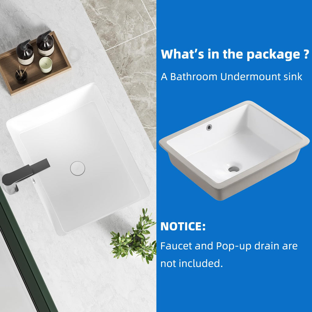 KINGWONG 14 Inch Small Square Undermount Bathroom Sink, 13.75" Ceramic White Porcelain Under Counter Basin for Vanity, Modern Rectangular Sink with Overflow Hole, Easy to Clean, Interior 11.5" x 11.5"
