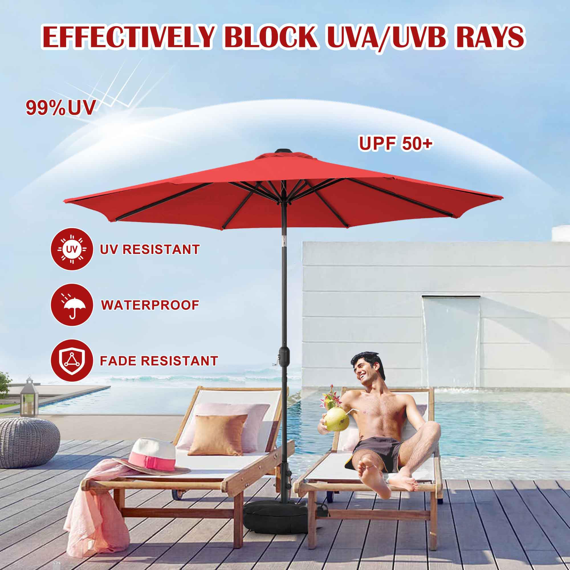Sundale Outdoor 9FT Patio Umbrella with Sand Bag Umbrella Base, Outdoor Umbrella with Tilt and Crank, Beige