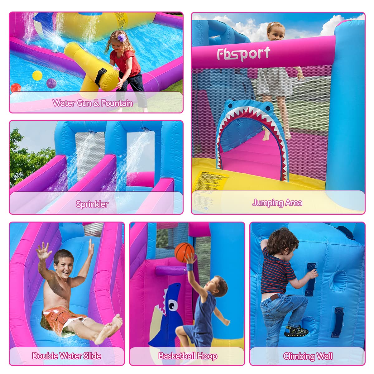 FBSPORT Inflatable Bounce House Double Slide,Water Slide Park Bounce House with Ball Pit,Water Cannon, Climbing Wall, Kids Bouncy Castle with 550W Air Blower for Backyard, Outdoor, Indoor