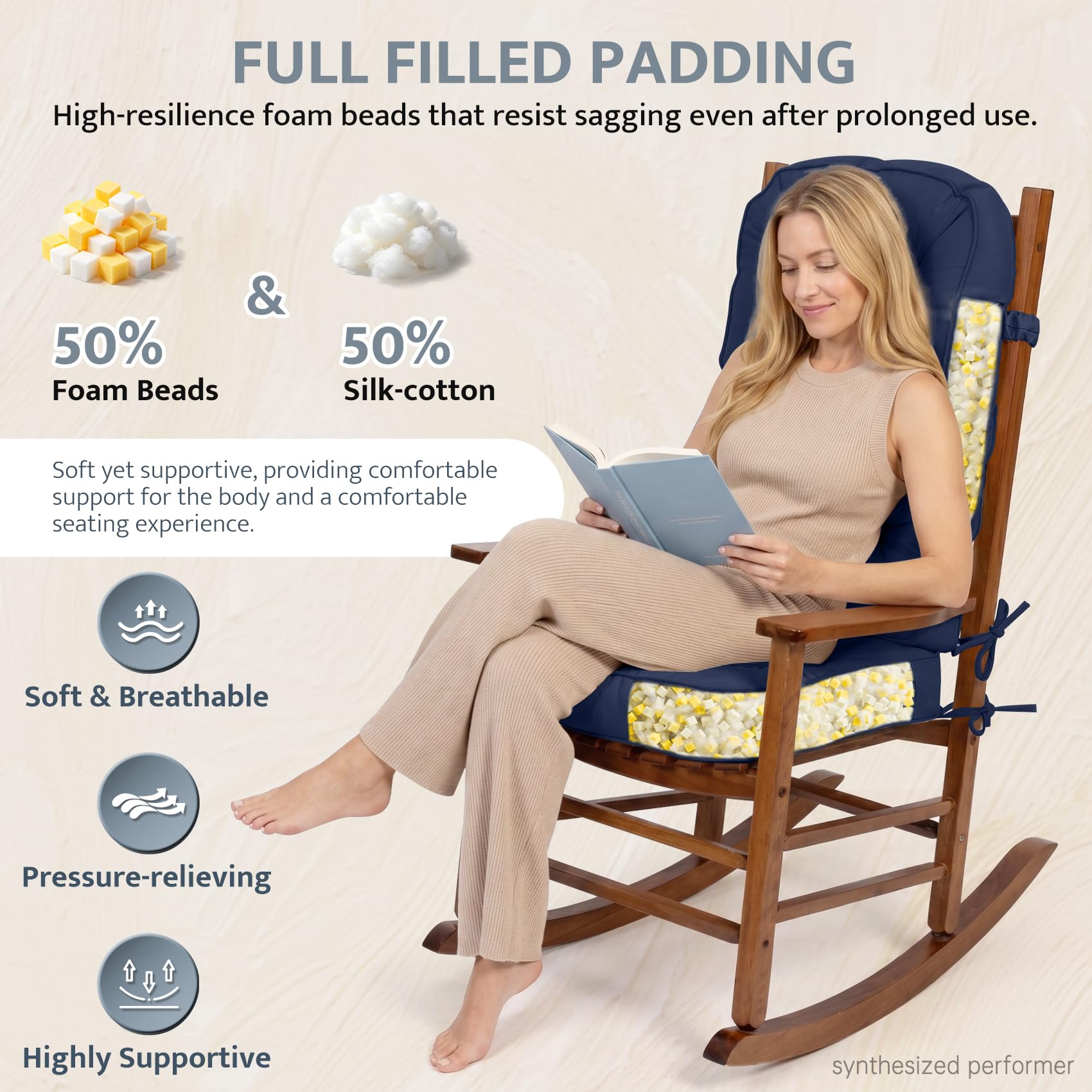 mudilun Rocking Chair Cushion - Non-Slip Tufted 4-Inch Thickened Rocking Chair Cushions with Ties Indoor/Outdoor Wooden Rocking Chair Pad for Living Rooms, Bedrooms, and Balconies