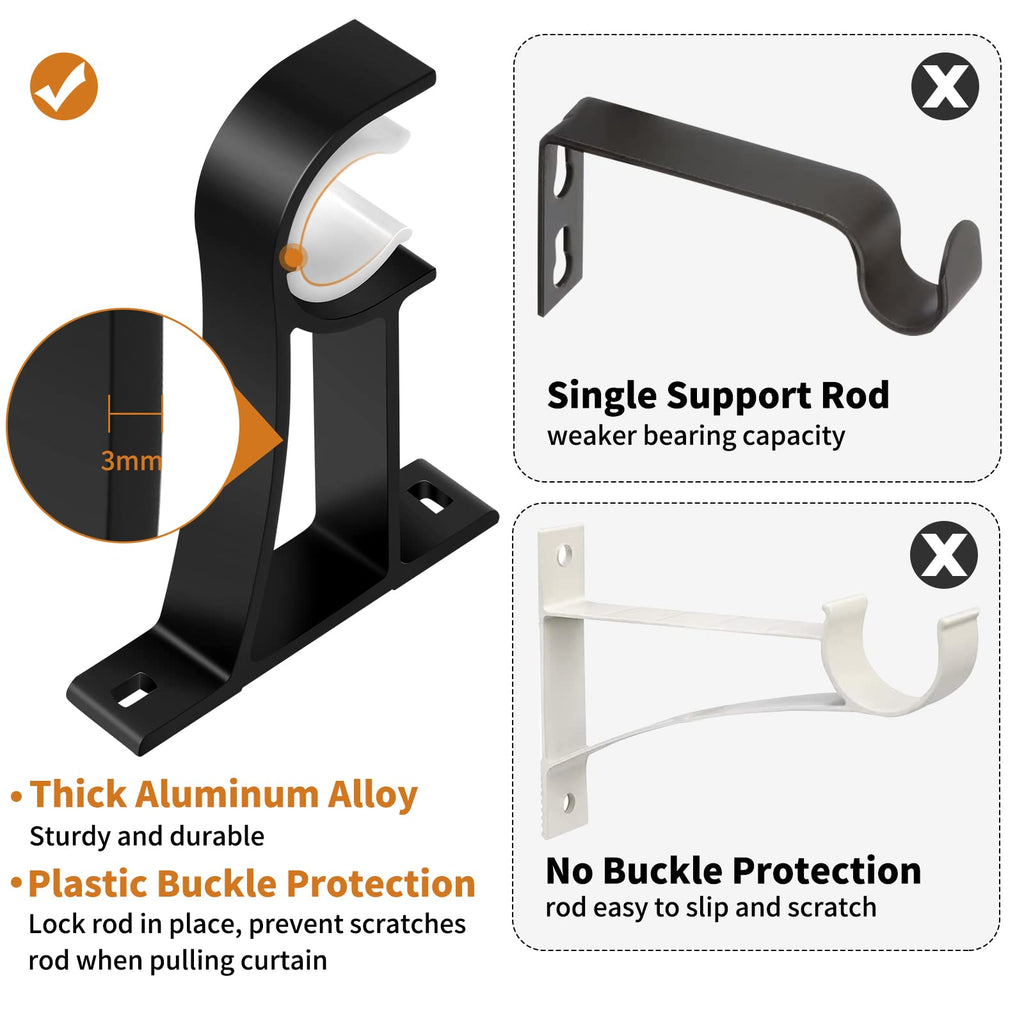 KOLAKO Curtain Rod Brackets, Heavy Duty Black Curtain Rods Holders Hook Hangers for Wall Drapery Rod Bracket Support 1 Inch Rods, 2 Pack