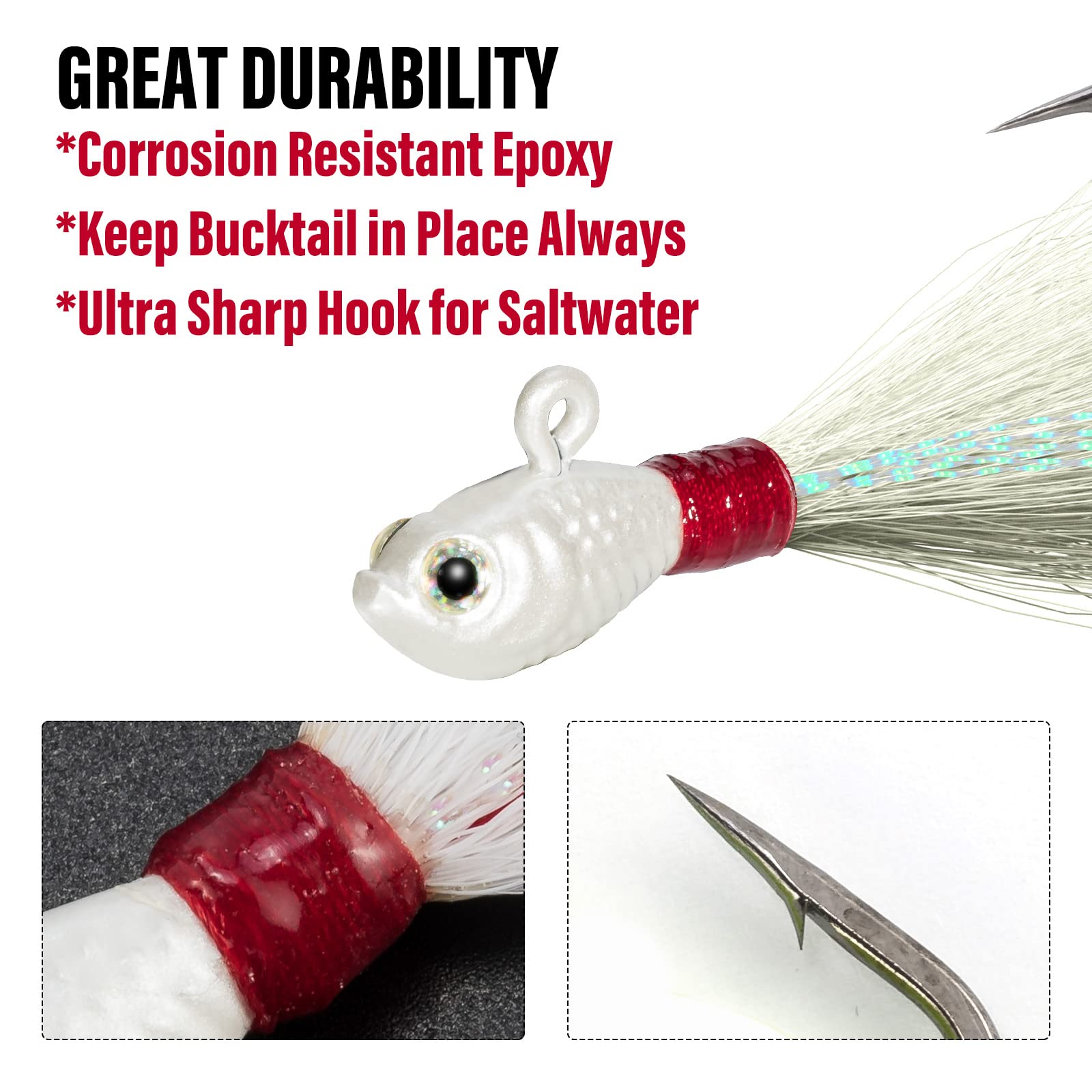 Dr.Fish 3 Pack Bucktail Jig Lure Hair Jig Saltwater Freshwater Lures Surf Fishing Bass Flounder Striper Bluefish Halibut Redfish
