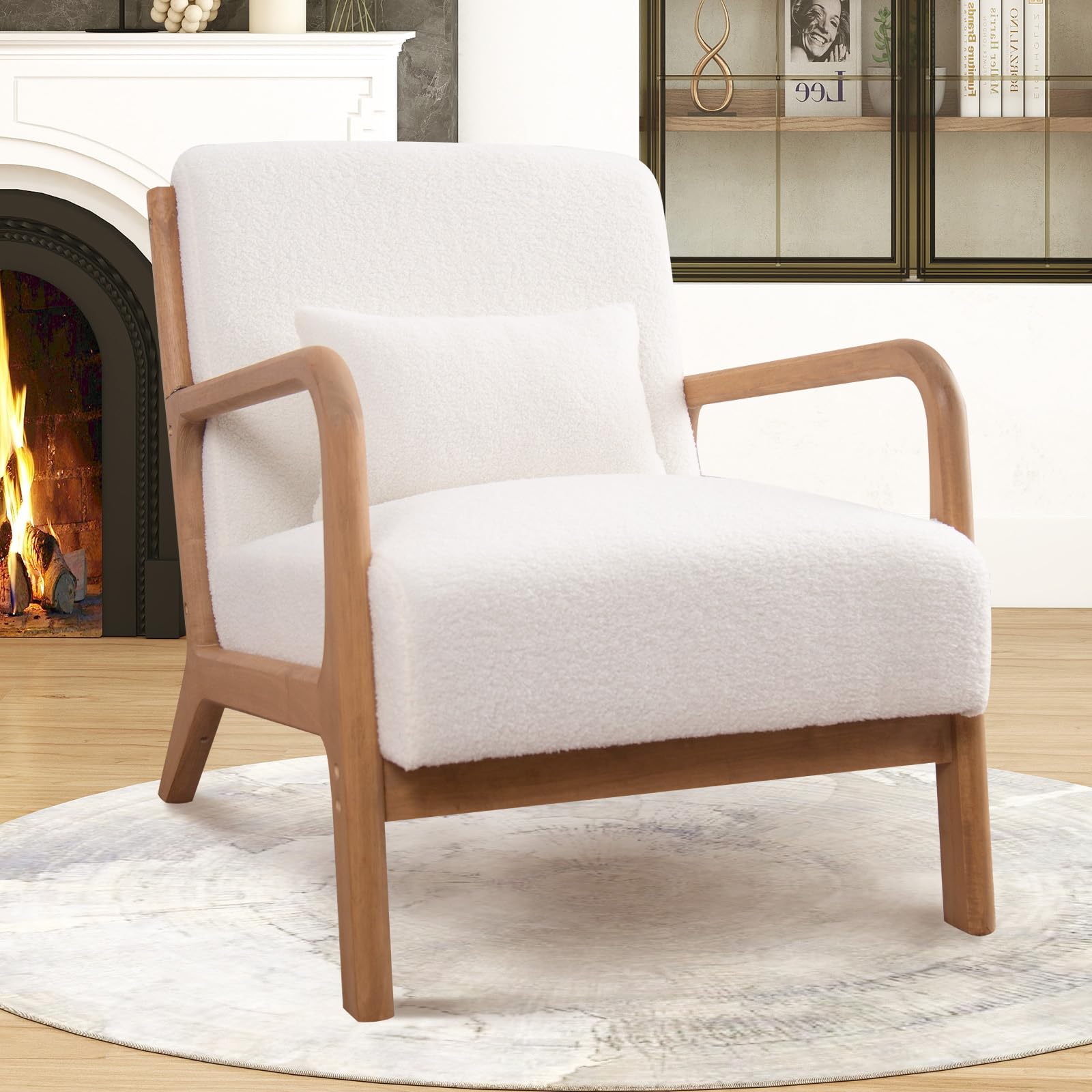 ANJ Mid Century Modern Accent Chair, Comfy Fabric Living Room Chairs with Solid Wood Frame, Lounge Reading Armchair, Easy Assembly, Beige
