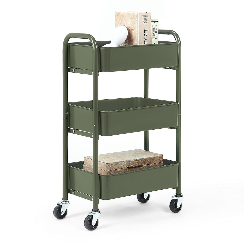SunnyPoint 3-Tier Delicate Compact Rolling Metal Storage Organizer - Mobile Utility Cart Kitchen/Under Desk Cart with Caster Wheels - Army (15.35" X 10.24" X 26.8"H)