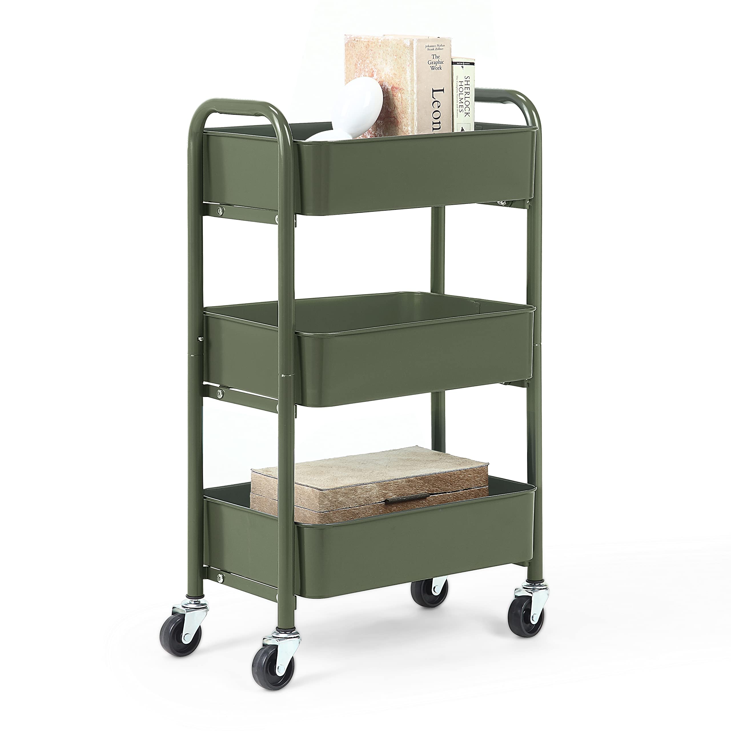 SunnyPoint 3-Tier Delicate Compact Rolling Metal Storage Organizer - Mobile Utility Cart Kitchen/Under Desk Cart with Caster Wheels - Army (15.35" X 10.24" X 26.8"H)