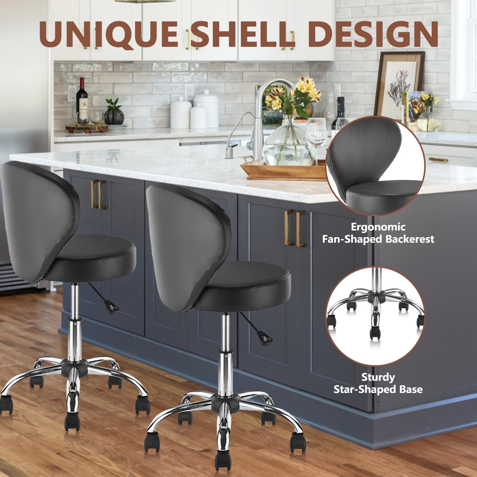KLASIKA Leather Rolling Swivel Salon Stool Chair with Back Support Adjustable Hydraulic Seat Height 22 in for Office Massage Facial Spa Medical Drafting Tattoo Beauty Barber