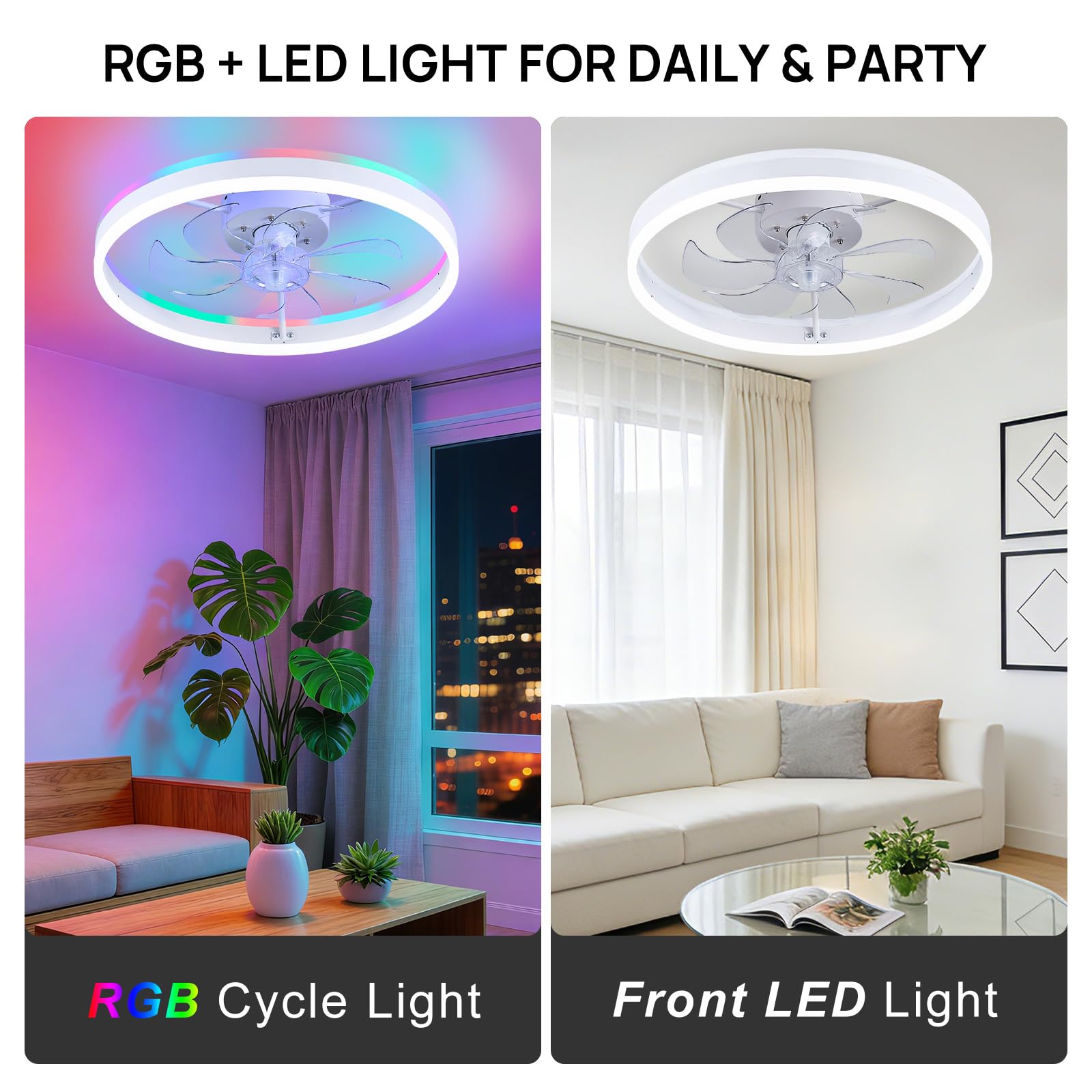 16 Inch RGB Low Profile Ceiling Fans with Lights, Modern Flush Mount Fandelier Chandelier Fixture, Remote & APP Control, Black LED Ceiling Fan Light for Bedroom, Living Room, Kitchen Indoor