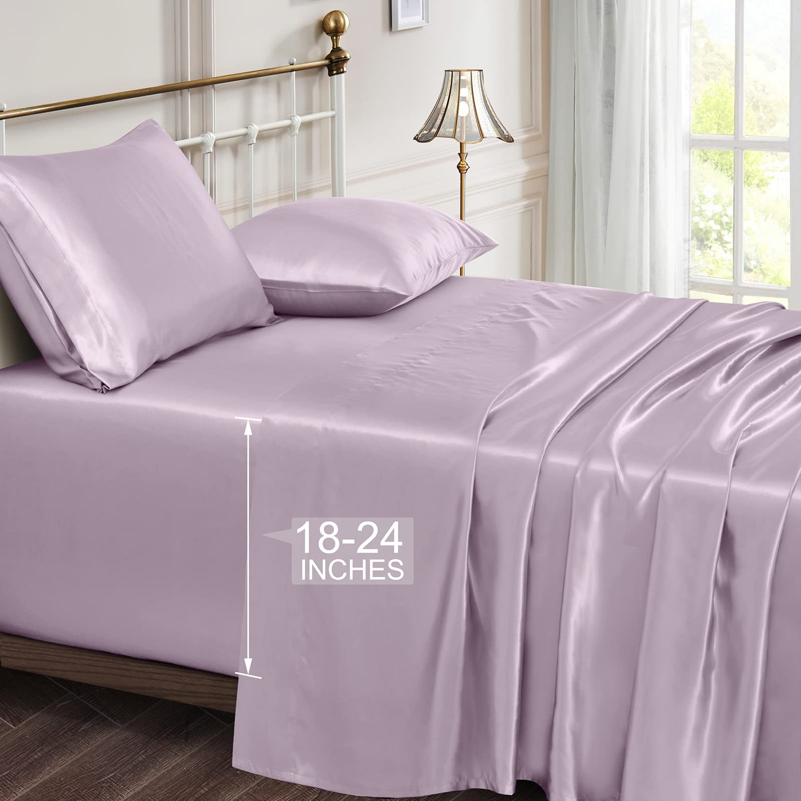 Vonty Extra Deep Pocket Full Sheet Sets - Cooling & Silky Satin Full Size Sheets with 18-24 Inch Deep Pocket, Black Satin Bed Sheets Fit Up to 24" Deep Mattress - 4 Piece Set